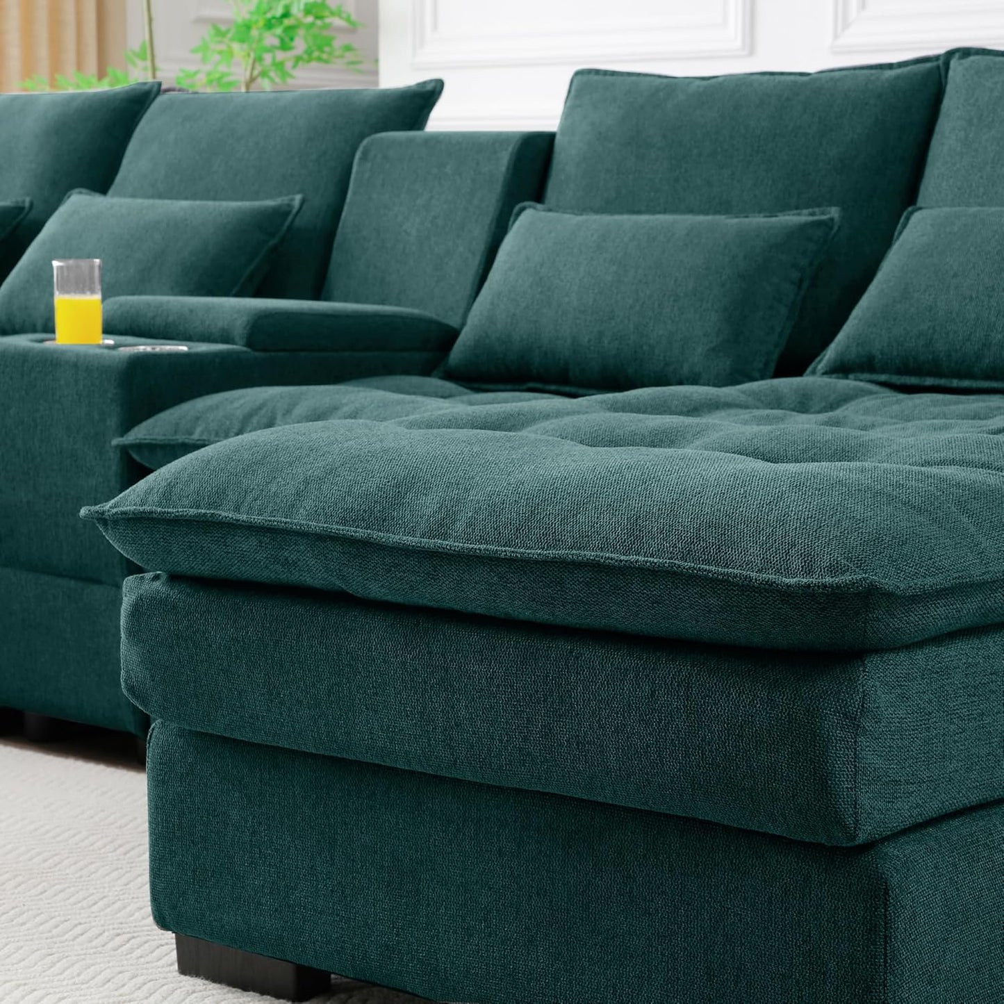 KEIKI 130" U-Shaped 6 seat Sofa with Storage Console, Cup Holders, Upholstered Sectional Sofa, Button Tufted Cloud Cushion Couch for Home, Office, Apartment, Green
