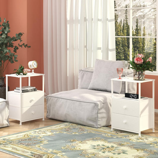 Tohomeor Nightstand with Charging Station LED Light End Table Bedroom Bed Side Dresser with Fabric Drawers Open Storage Shelf Living Room Sofa End Table with USB Ports and Outlet (White, 2 Packs)