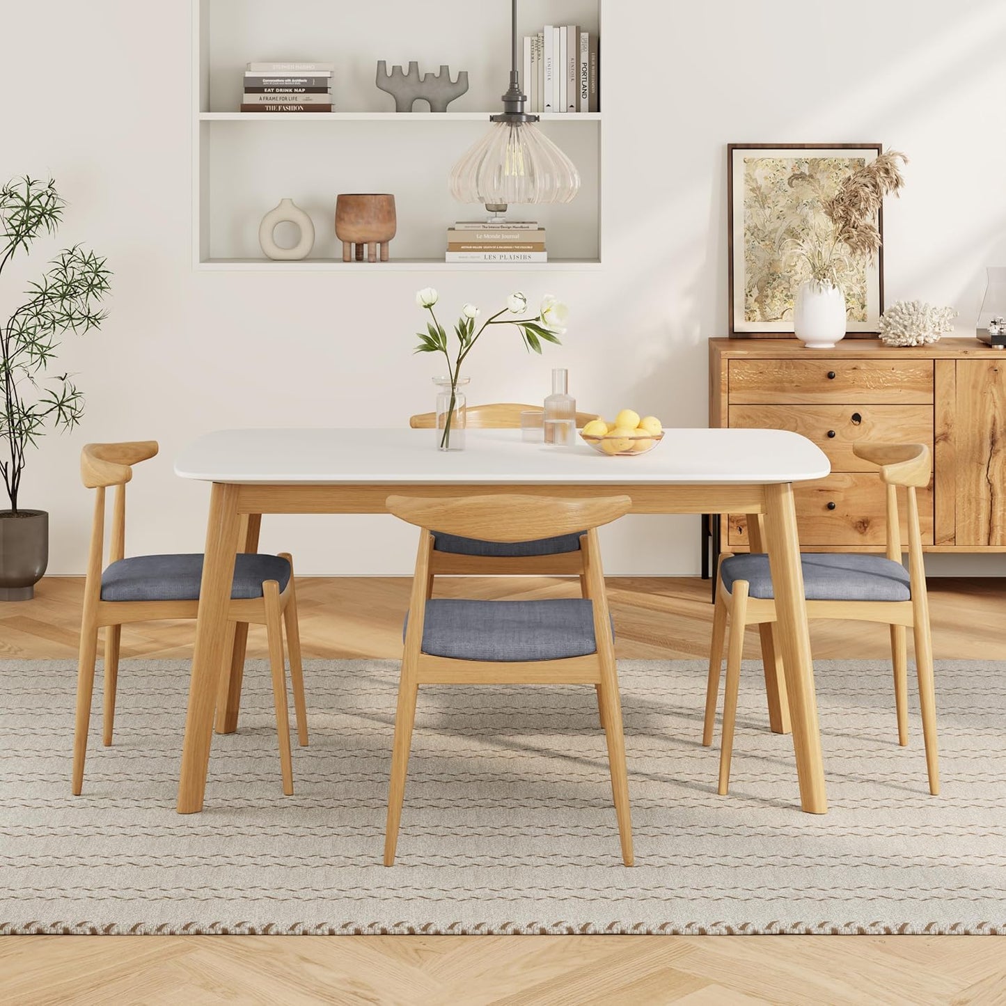5-Piece Dining Set, Mid-Century Modern Solid Wood Table & Chair Set for 4, Kitchen, Dining Room, Restaurant, Natural Oak+Gray