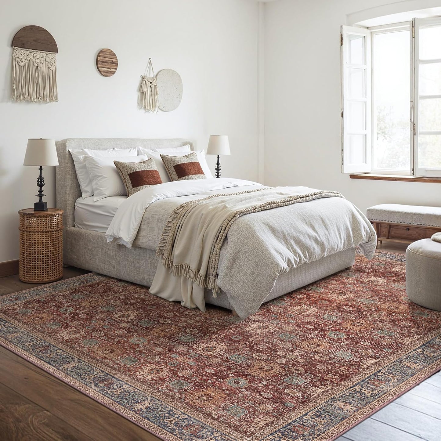 10X12 Area Rugs Machine Washable Rugs for Living Room, Vintage Boho Large Rugs for Bedroom Dining Room, Non Slip Indoor Soft Distressed Lightweight Thin Low Pile Carpet, Red Brown