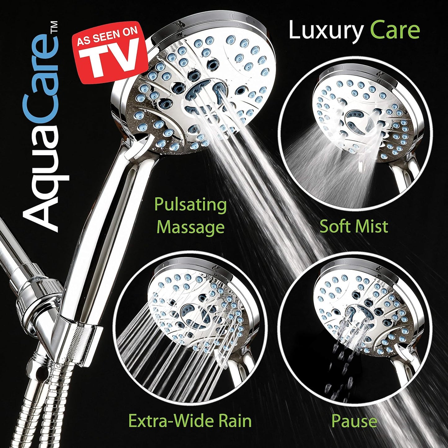 Hotel Spa AquaCare High Pressure 8-Mode Handheld Shower Head - Anti-clog Nozzles, Built-in Power Wash to Clean Tub, Extra Long 6 ft. Stainless Steel Hose, Wall & Overhead Brackets