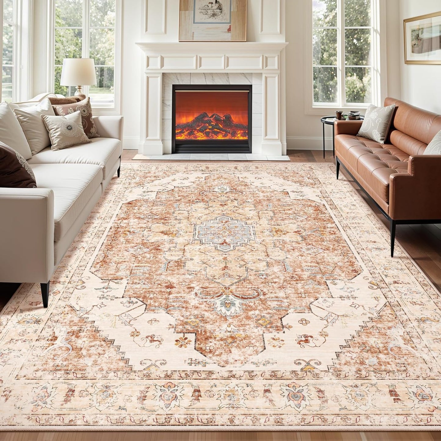 Tangsoo 8x10 Area Rug for Living Room, Washable Vintage Indoor Non Slip Large Area Rugs, Print Distressed Brick Red Carpet, Soft Low Pile Foldable for Bedroom Dining Room Dorm