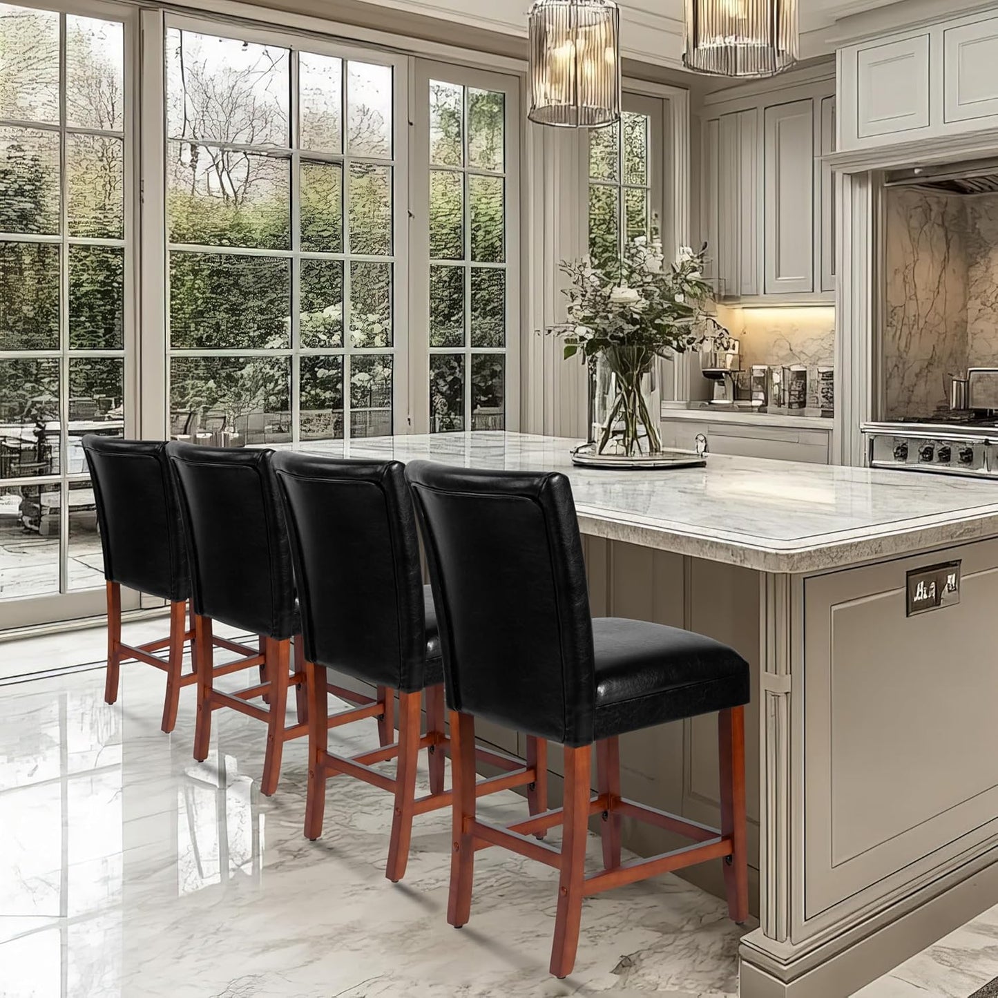 Homepop Home Decor | Classic Counter Height Bar Stools | Faux Leather 24 Inch Bar Stools | Decorative Home Furniture (Black)Single Pack