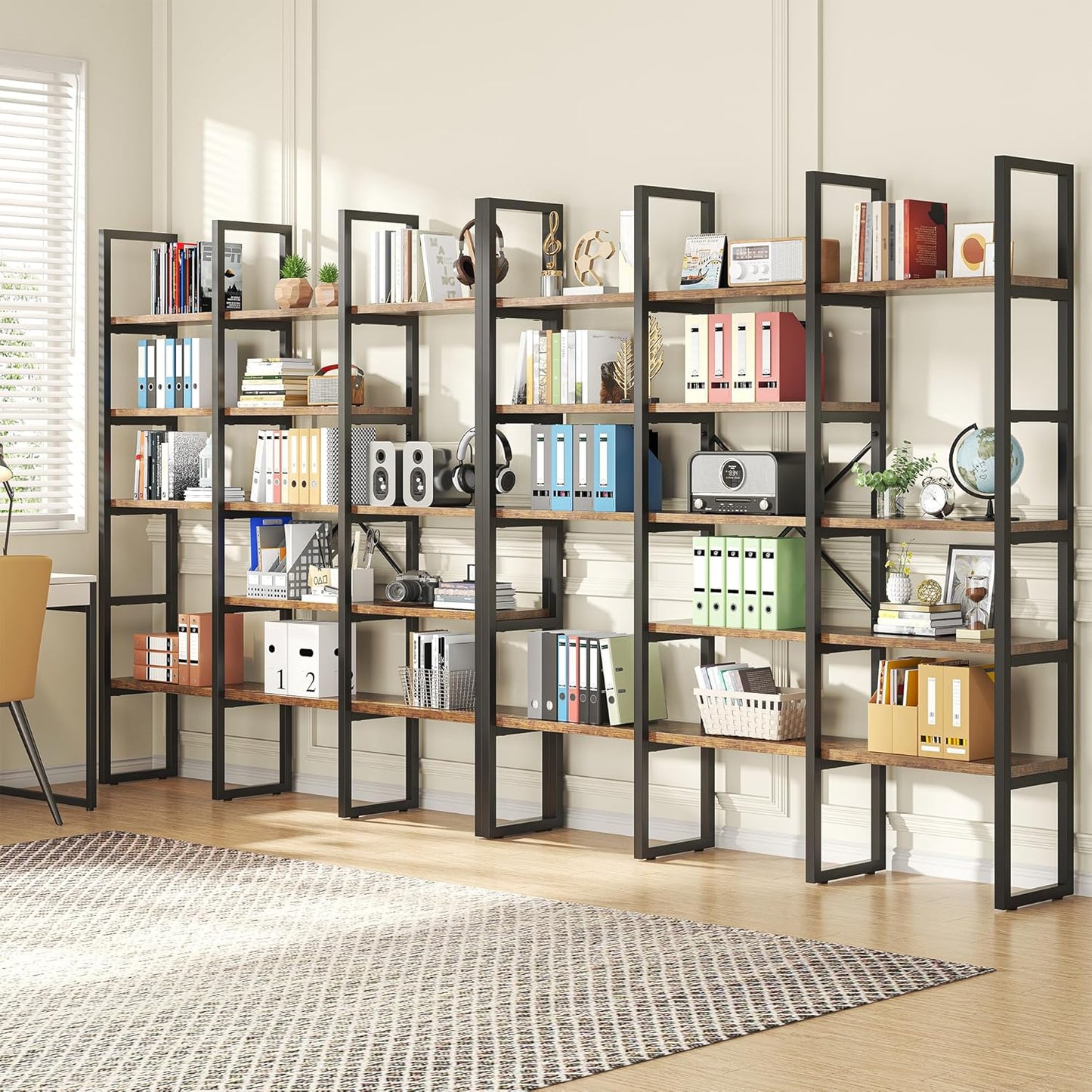 70.86" Modern Bookshelf and Bookcases with 13 Open Display Shelves, Triple Wide 5-Tier Industrial Large Book Shelf with Metal Frame, Tall Etagere Book Case for Home & Office, Rustic Brown