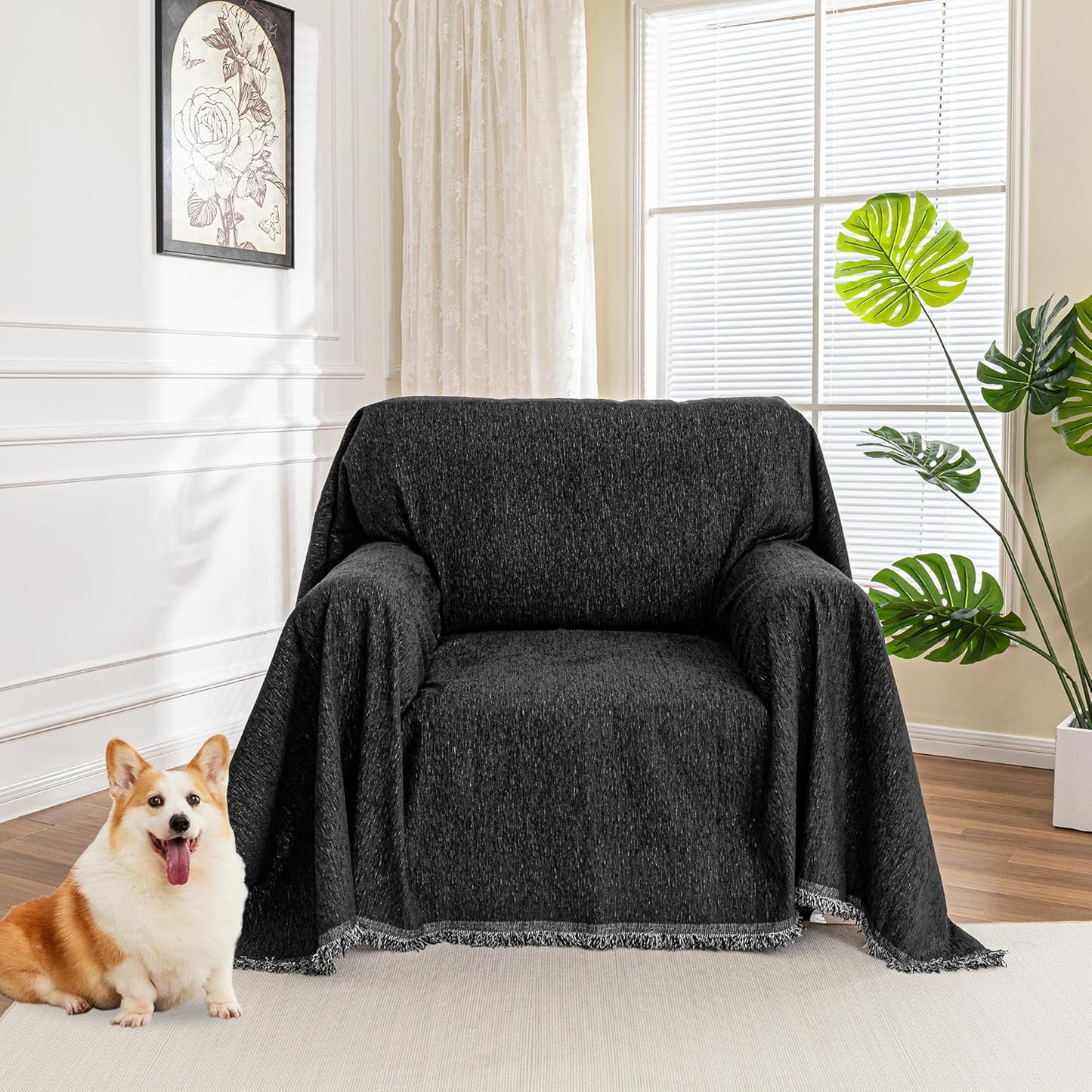 MYSKY HOME Chair Couch Covers Sectional Couch Covers for Pet Sofa Covers Non Slip Soft Couch Sofa Cover, Washable Furniture Protector Sofa Slipcover with Tassel Sofa Throws Living Room, 71"x91", Black