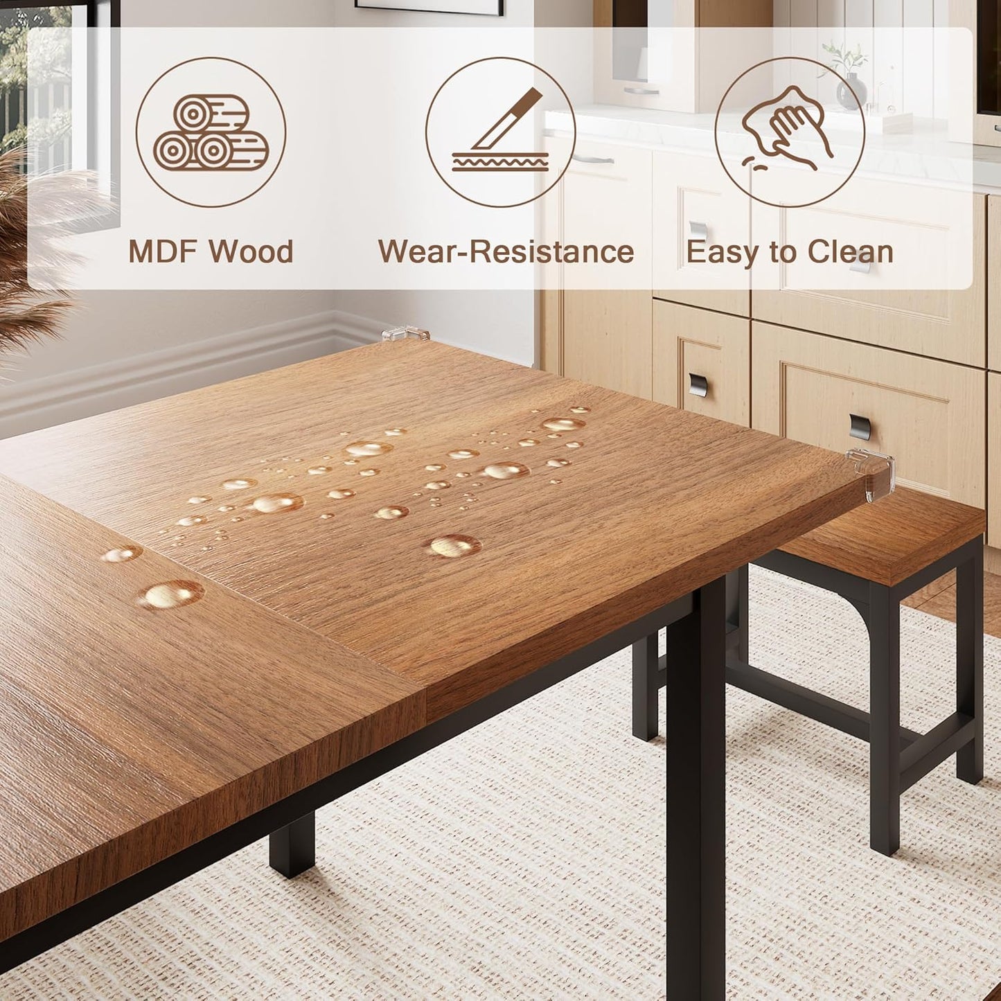 5 Pieces Dining Room Table Set for 4-6, 63" Extendable Kitchen Table Set with 2 Benches & 2 Stools, Small Dining Table Set with Metal Frame & MDF Board, Walnut