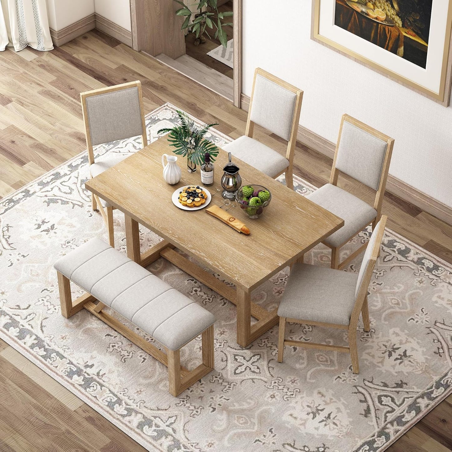 Merax Farmhouse Wood 6-Piece Dining Set, 59.6 inch Rectangular Table, 4 Upholstered Chairs and 1 Bench for Kitchen, Natural