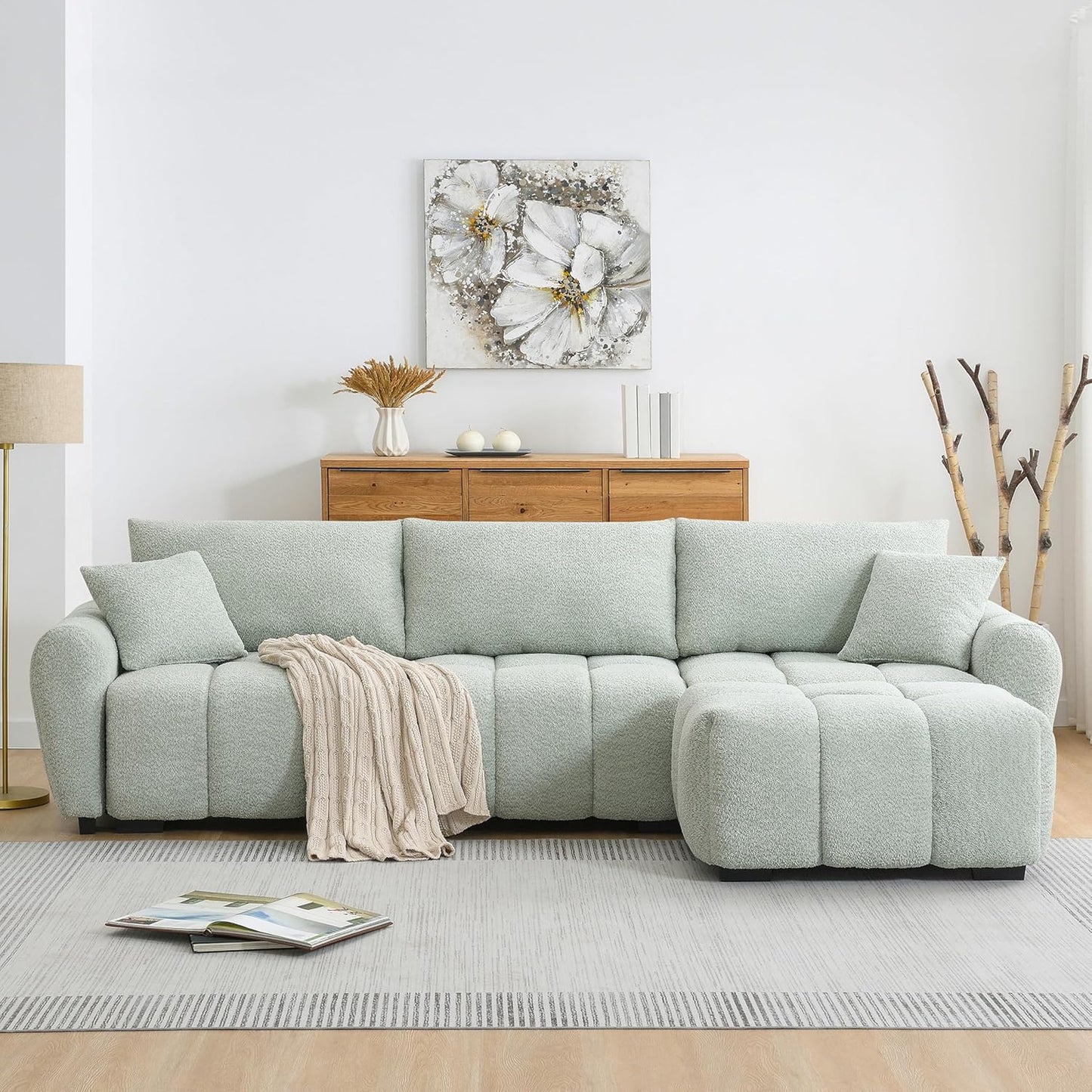 Ball & Cast Modular Sectional Sofa W/Movable Ottoman and 2 Lumbar Pillows,4 Seater L Shaped Couch W/Deep Seat&Pull-line Design,Boucle Fabric Upholstered Sofa for Living Room,Apartment,Light Green,110"