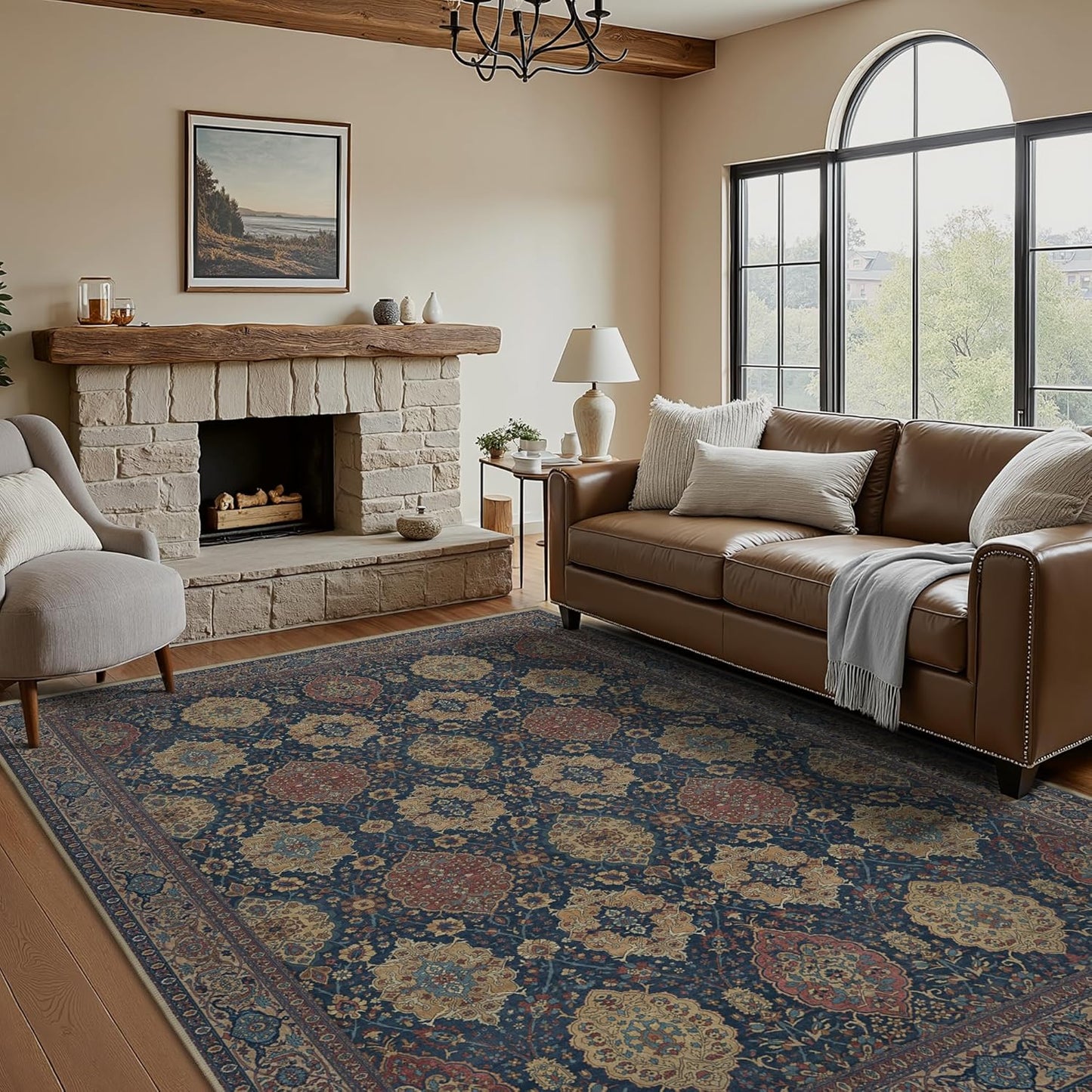 8X10 Area Rugs Machine Washable Rugs for Living Room, Vintage Boho Large Rugs for Bedroom Dining Room, Non Slip Indoor Soft Distressed Lightweight Thin Low Pile Carpet, Navy Tan