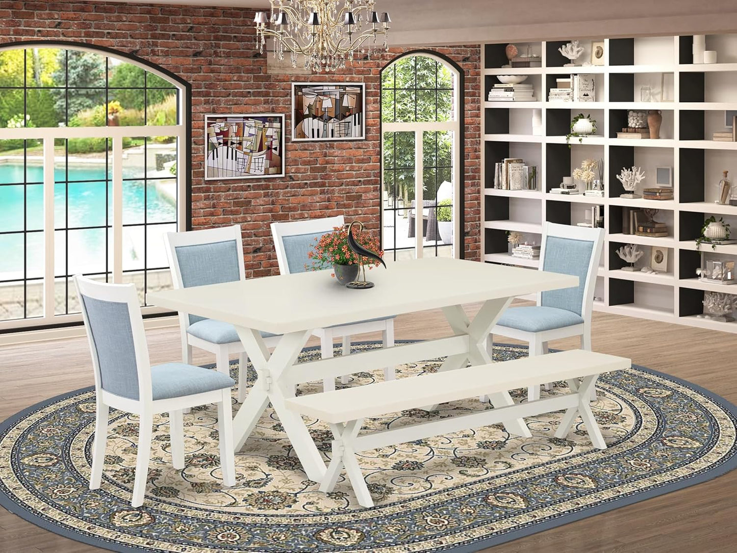 East West Furniture X027MZ015-6 6 Piece Kitchen Table Set Contains a Rectangle Dining Table with X-Legs and 4 Baby Blue Linen Fabric Parson Chairs with a Bench, 40x72 Inch, Multi-Color