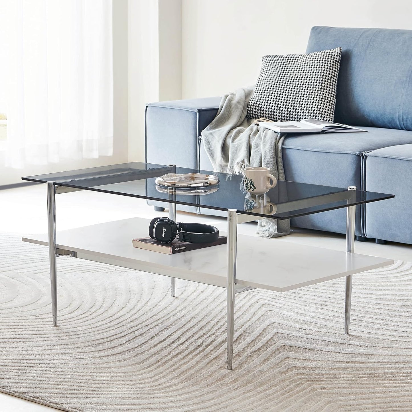 AGV LIGHTING Tadio Glass Coffee Table, Mid-Century Modern Coffee Table for Living Room, Chrome Finish Leg, Gray Glass Top & Faux Marble Wood Shelf, 41 in