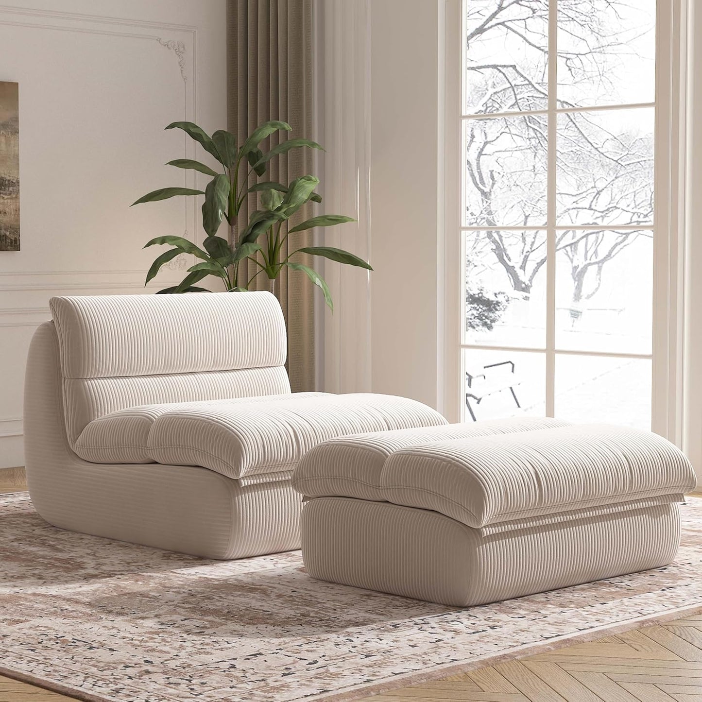 Bean Bag Chair with Ottoman, Cozy Comfy Reading Nook Chairs, Ultra Soft Corduroy Fabric Bean Bag Chairs for Adults, Reading Chair with Ottoman for Living Room, Bedroom Apartment (Beige)