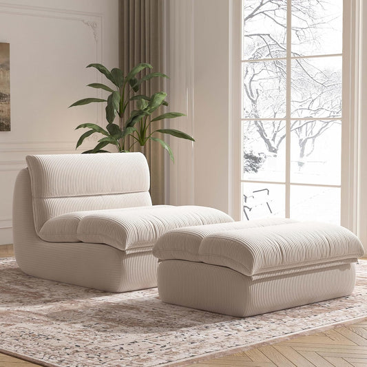 Bean Bag Chair with Ottoman, Cozy Comfy Reading Nook Chairs, Ultra Soft Corduroy Fabric Bean Bag Chairs for Adults, Reading Chair with Ottoman for Living Room, Bedroom Apartment (Beige)