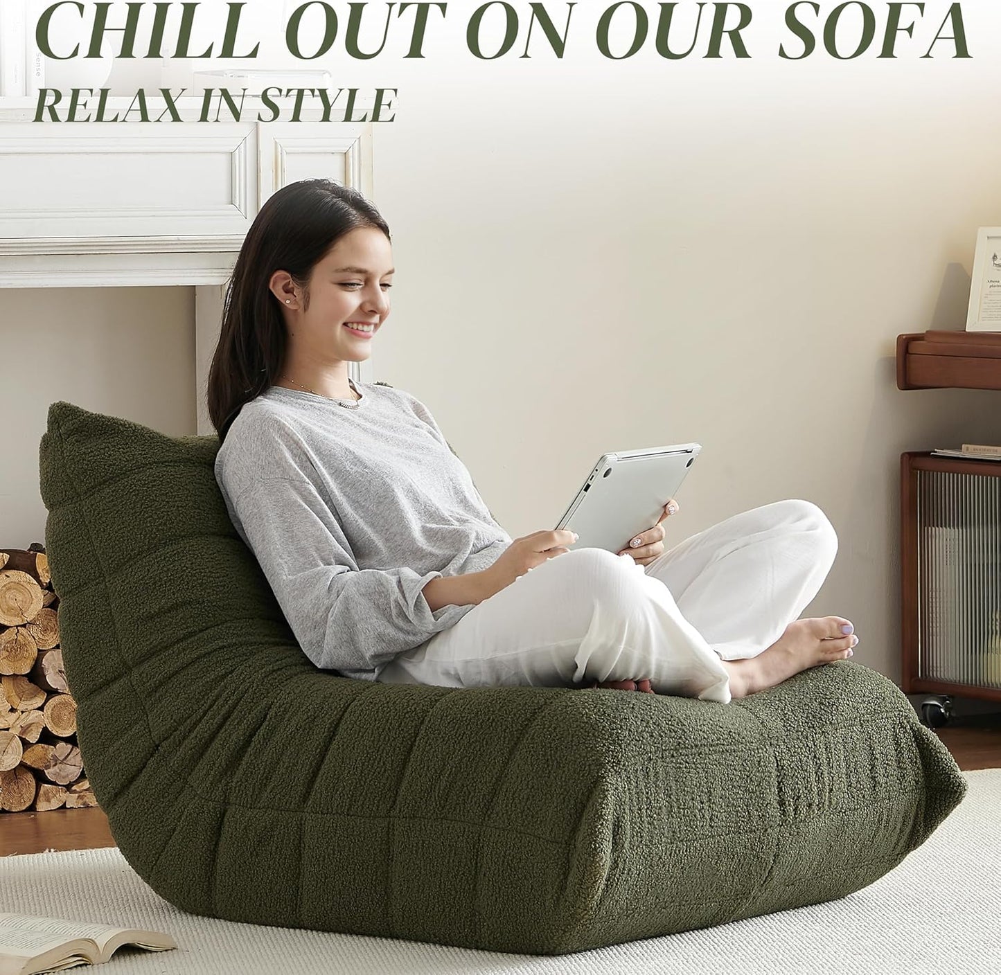 Bean Bag Chair, Fireside Chair Bean Bag Sofa for Adults, Bean Bag Chairs for Teens with High-Resilience Foam, Memory Foam & Non-Slip Base Bean Bag for Living Room, Bedroom, Office (Teddy, Green)