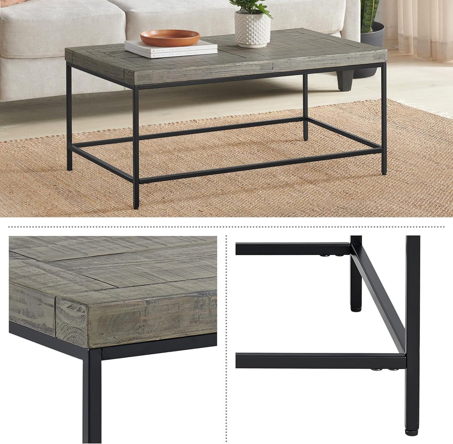 Alaterre Furniture Coffee Table - Industrial Modern Table with Wood Top and Metal Base - Furniture for Living Room, Apartment, or Dorm Room (Gray)