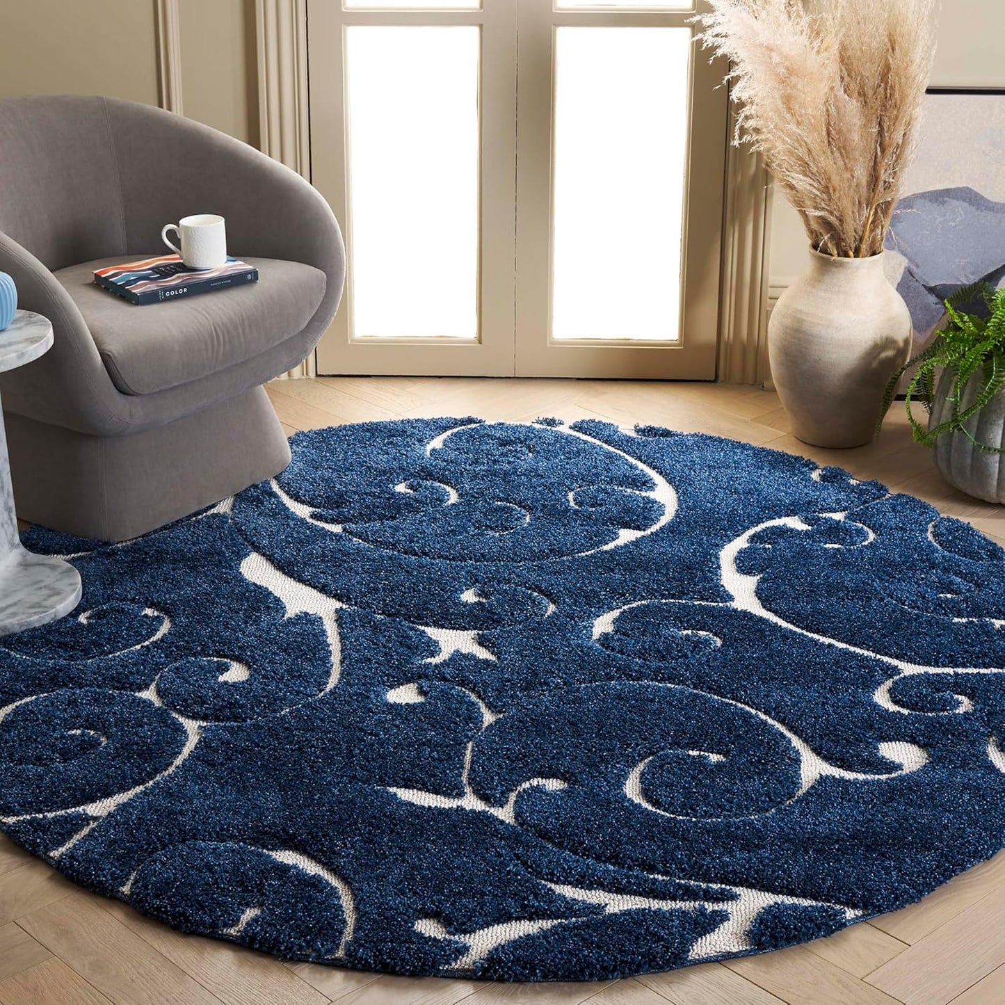 SAFAVIEH Florida Shag Collection Area Rug - 6'7" Round, Dark Blue & Cream, Scroll Design, Non-Shedding & Easy Care, 1.2-inch Thick Ideal for High Traffic Areas in Living Room, Bedroom (SG455-6511)
