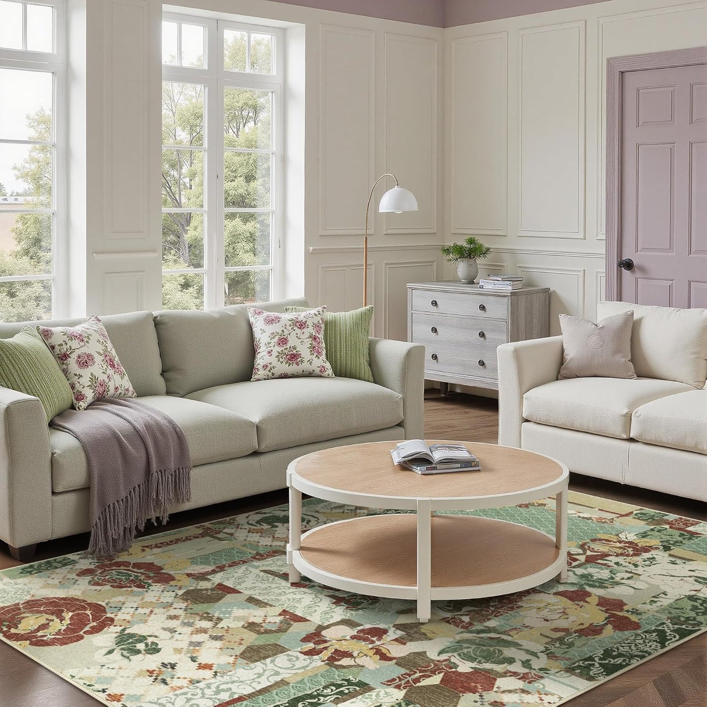 GENIMO 5X7 Floral Area Rugs for Living Room, Machine Washable Non Slip Vintage Patchwork Washable Rug, Ultra-Thin Low Pile Chenille Rugs for Bedroom, Dining Room, Celadon Green