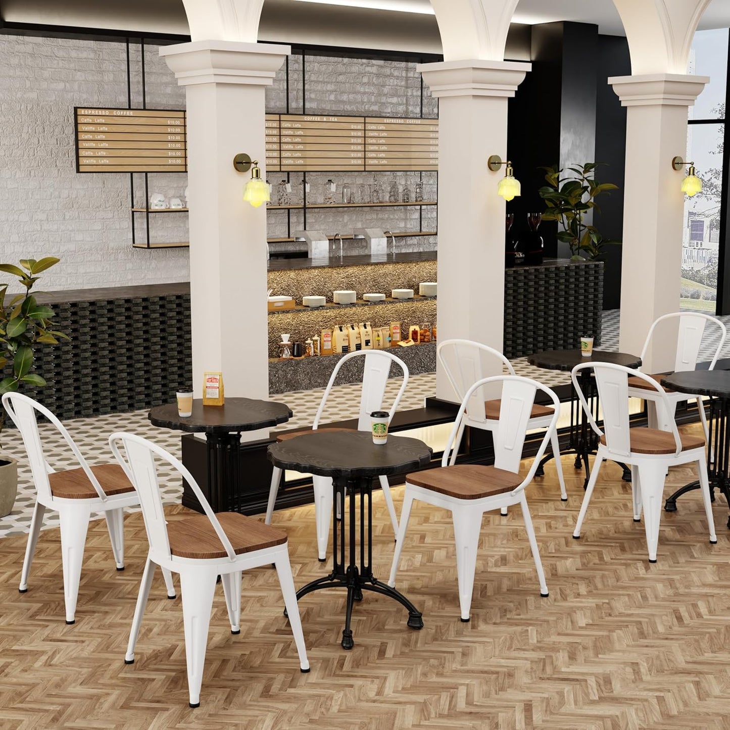 18 Inch Metal Dining Chairs,Arlunar Farmhouse Chairs Set of 4 White Dining Room Chairs Stackable with Back and Wooden Seat bar stools