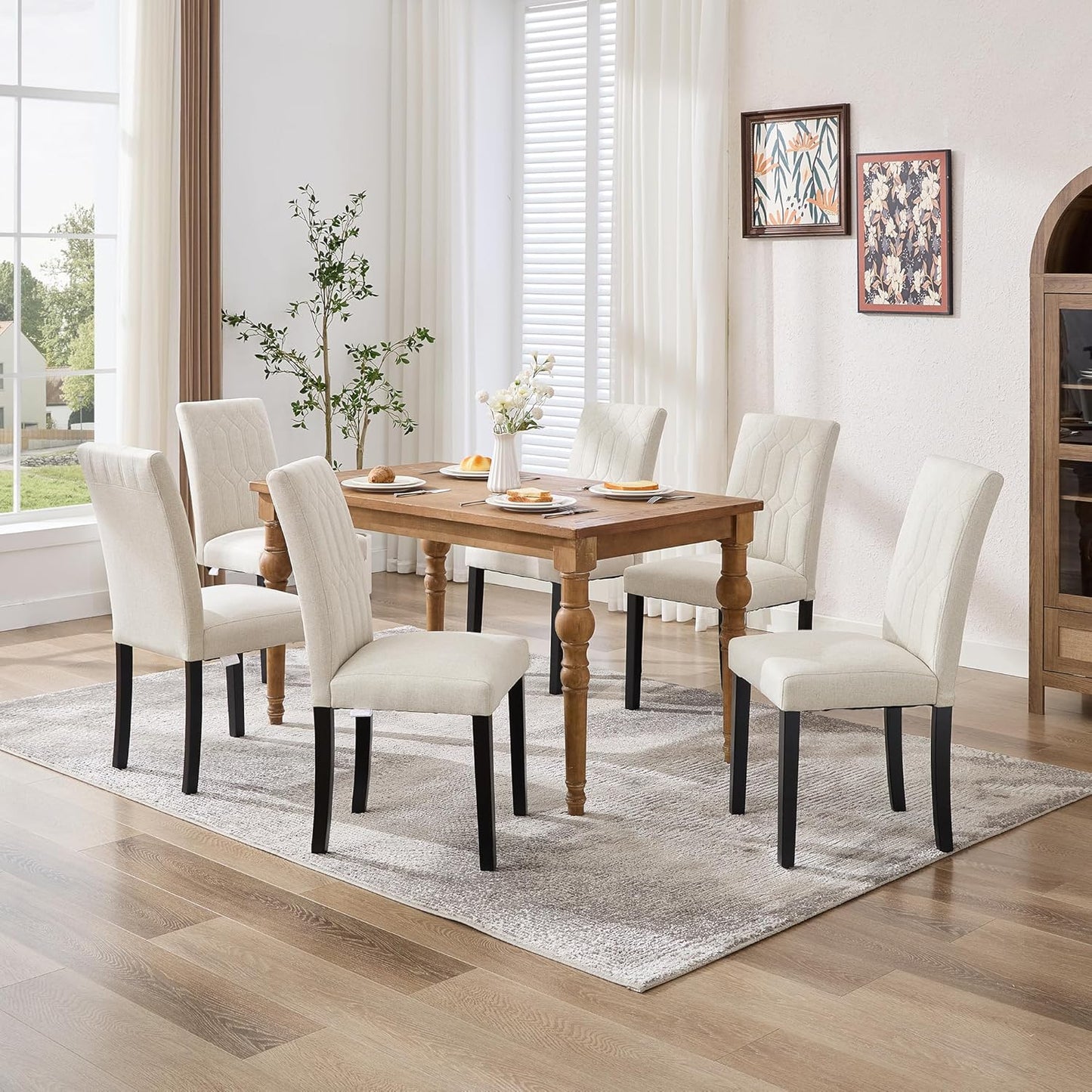 VECELO Upholstered Dining Chairs Set of 6, Modern Accent Parsons with Comfort Seat, Solid Wood Legs w/Rubber Footpads, for Living Room Kitchen, Beige