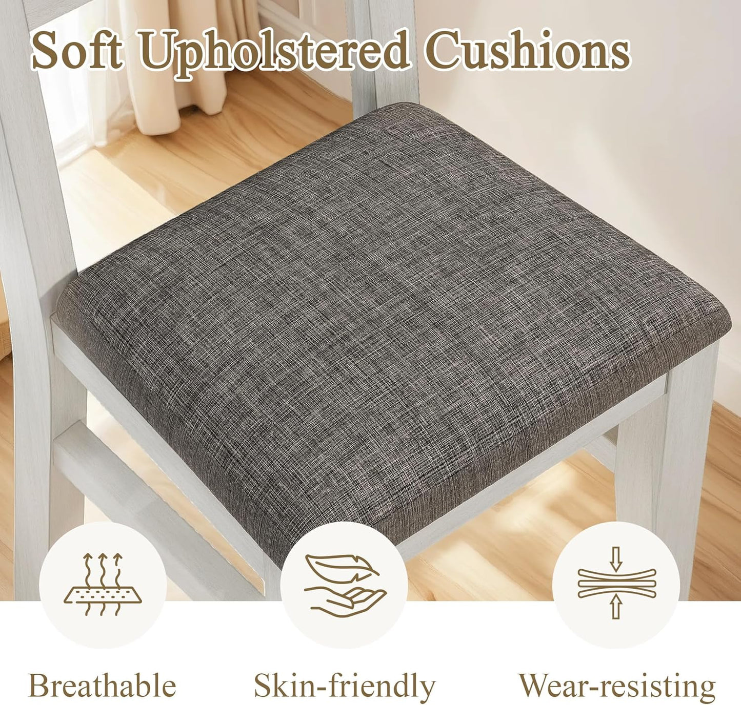 5-Piece Square Dining Table Set for 4, 38.2'' Solid Wood Kitchen Table with 4 Upholstered Chairs & 2 Drawers for Dining Room, Kitchen, Small Space, Washed Gray