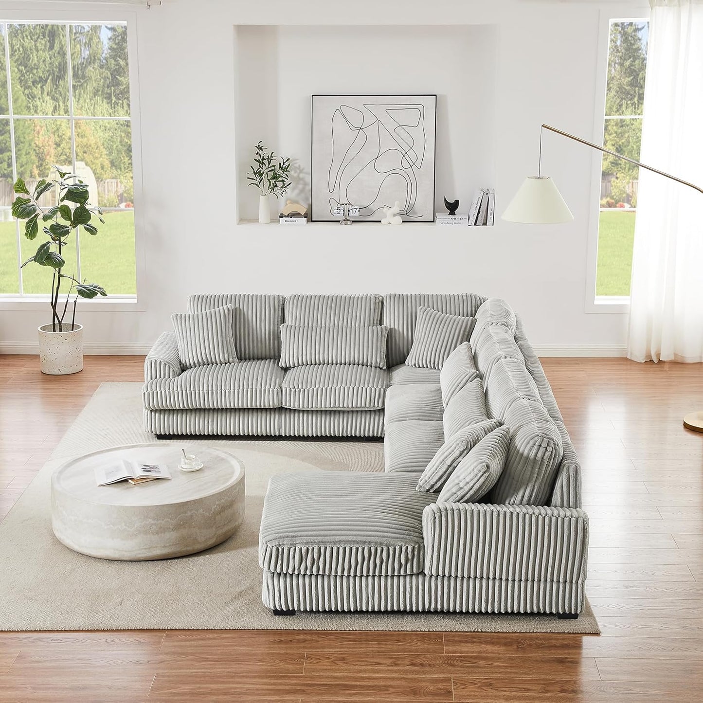 129" Oversized U Shaped Modular Sectional Sofa Couch for Living Room 7 Seater Plush Corduroy Upholstered Large Sofa Deep Seat Cloud Couch with Extra Wide Chaise Lounge and Detachable Thick Cushions