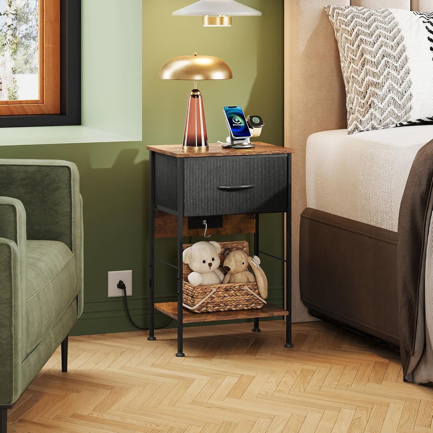 WLIVE Nightstand with Charging Station, Night Stand with 1 Fabric Drawer and Open Shelf, 25" H Bed Side Table for Bedroom, End Table, Small Dresser for Dorm, Entryway, Black and Rustic Brown