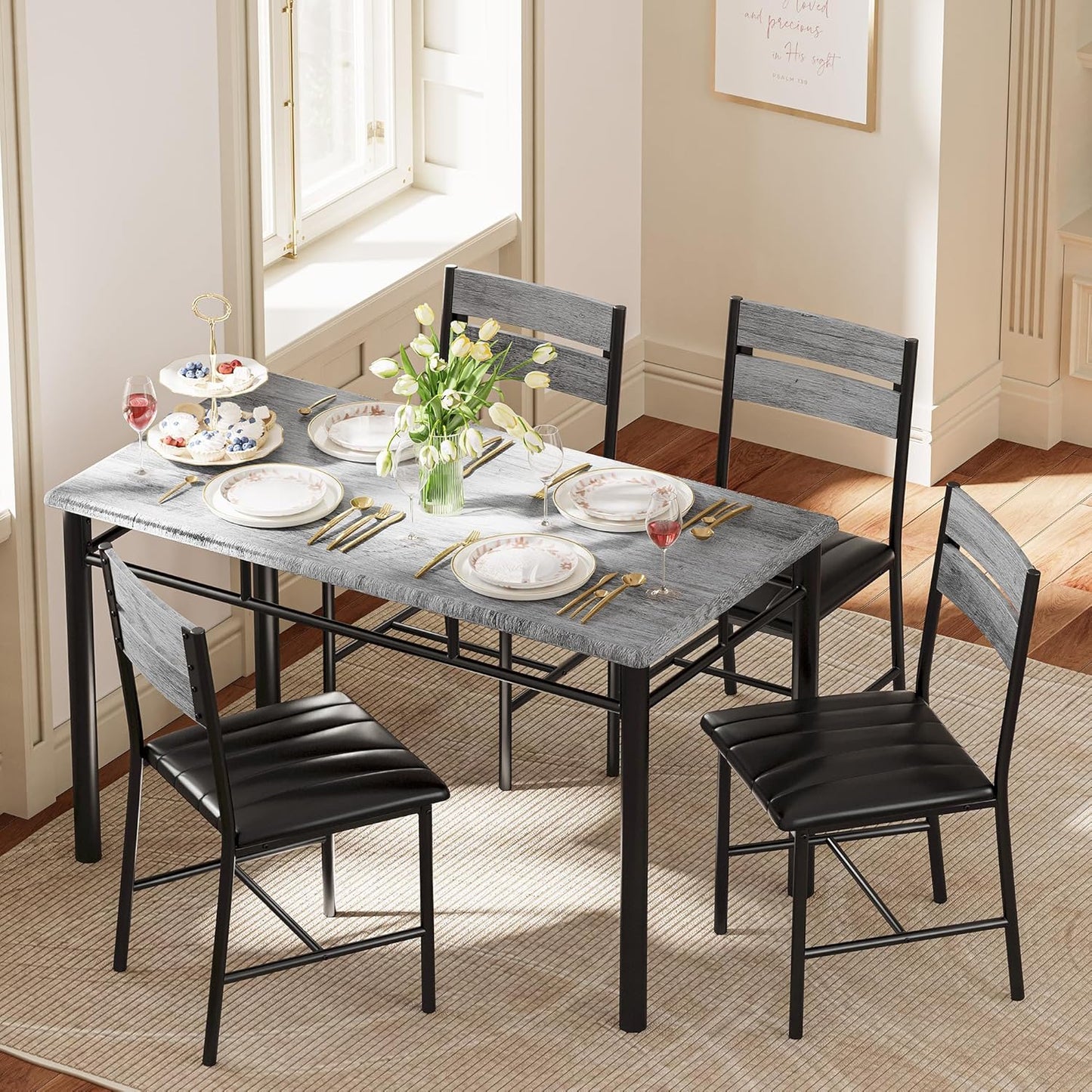 IRONCK Dining Table Set for 4, Wood Kitchen Table with Upholstered Chairs for Kitchen Room and Small Spaces, Grey