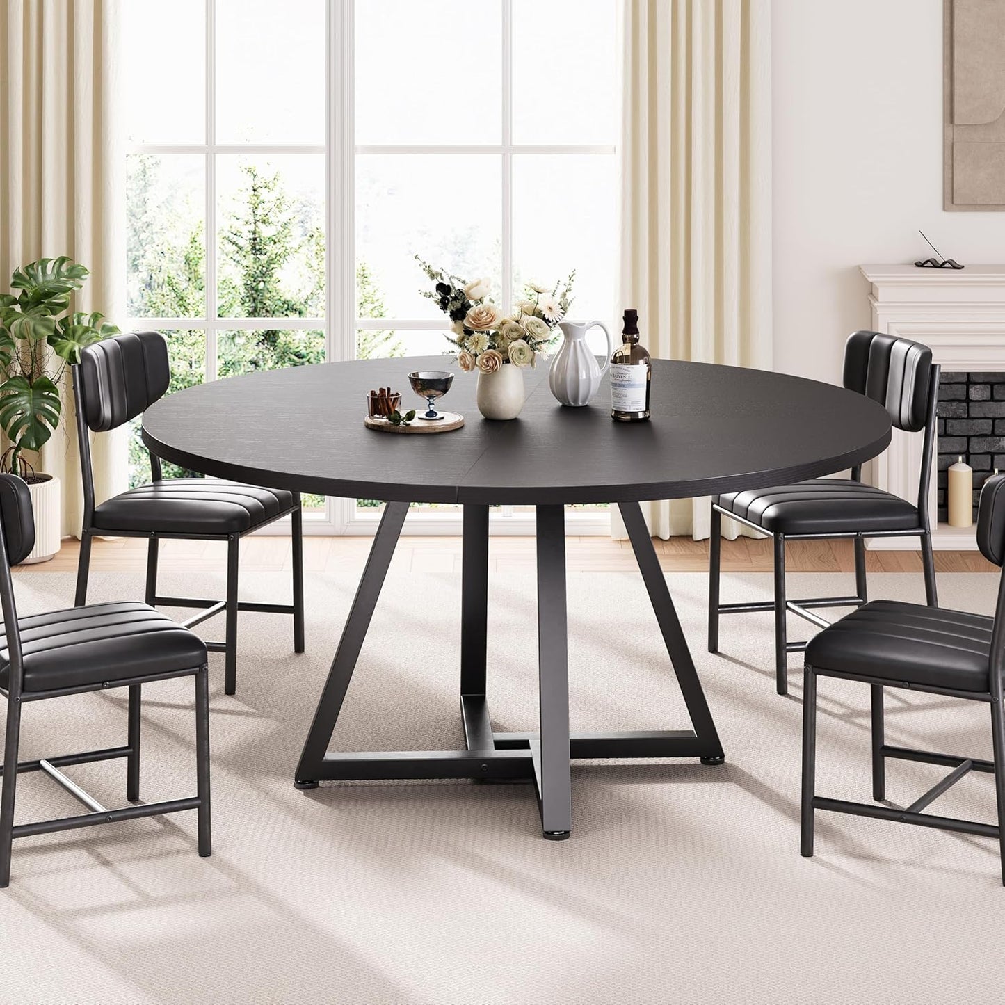 51“ Round Kitchen Dining Room Table for 6-8, Circle Dining Dinner Table with Pedestal Metal Frame, Space Saving Wood Industrial Furniture for Small Space (Black, 51In)