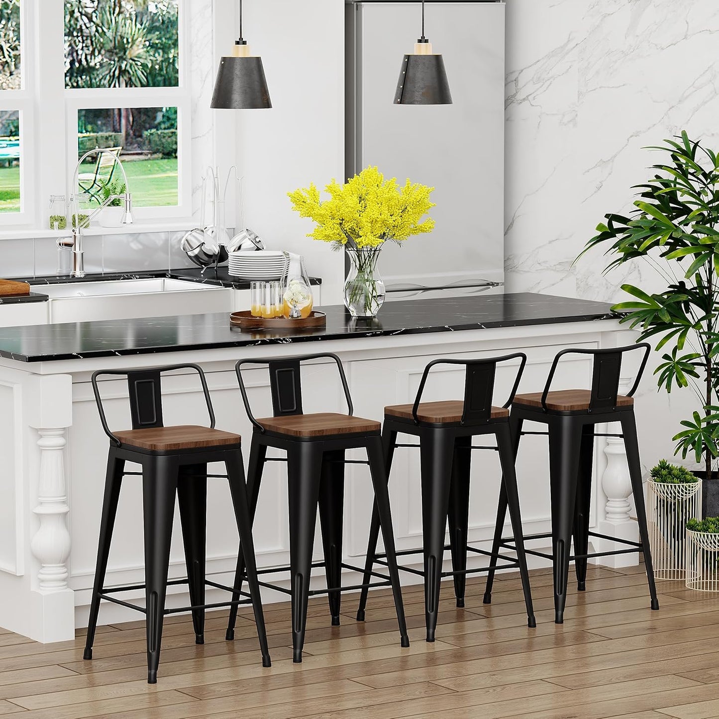 Yongchuang 26 inch Bar Stools Set of 4 Kitchen Counter Height Barstools with Wood Seat Metal Low Back Bar Chairs Matte Black