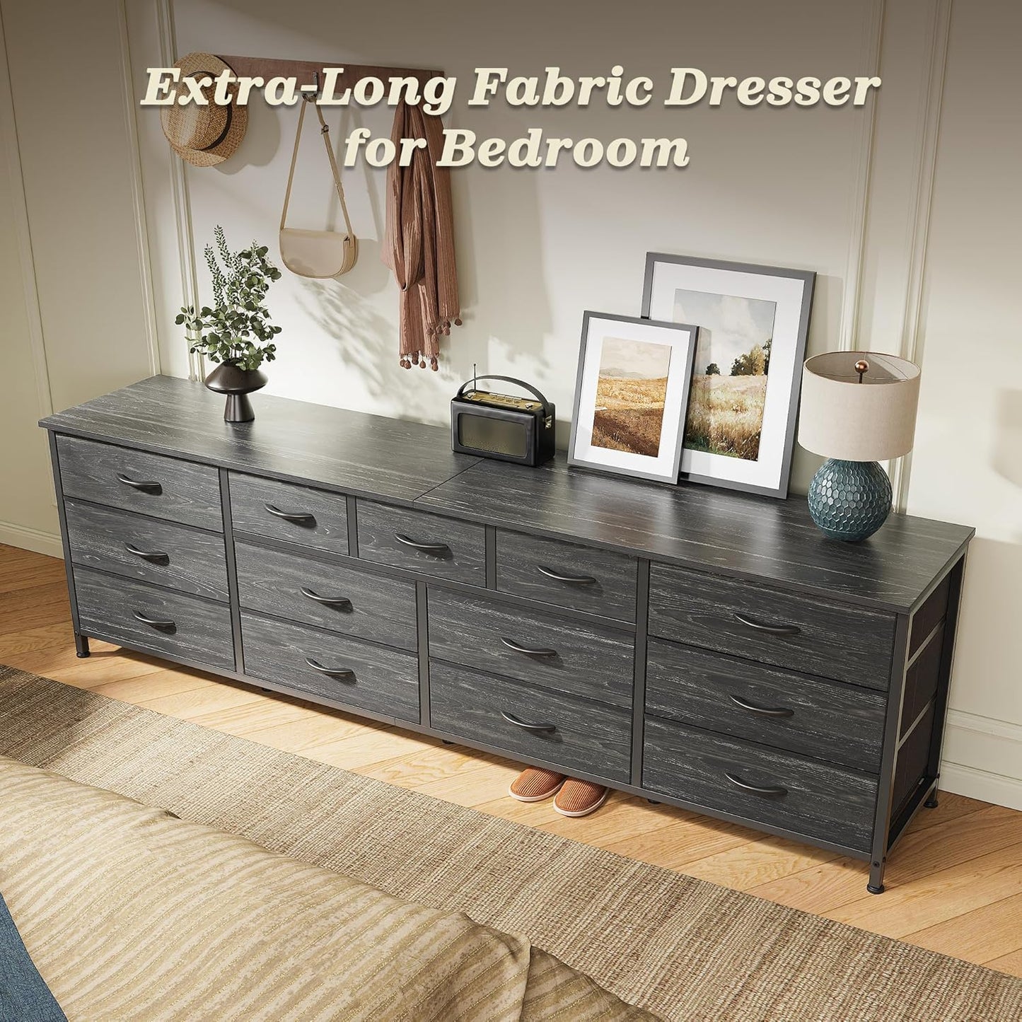 Huuger 70 Inch Dresser for Bedroom, TV Stand for 65, 75, 80 Inch TV, 13 Fabric Drawer Long Dresser, Large Entertainment Center for Bedroom, Wide Chest of Drawer with Storage, Charcoal Black