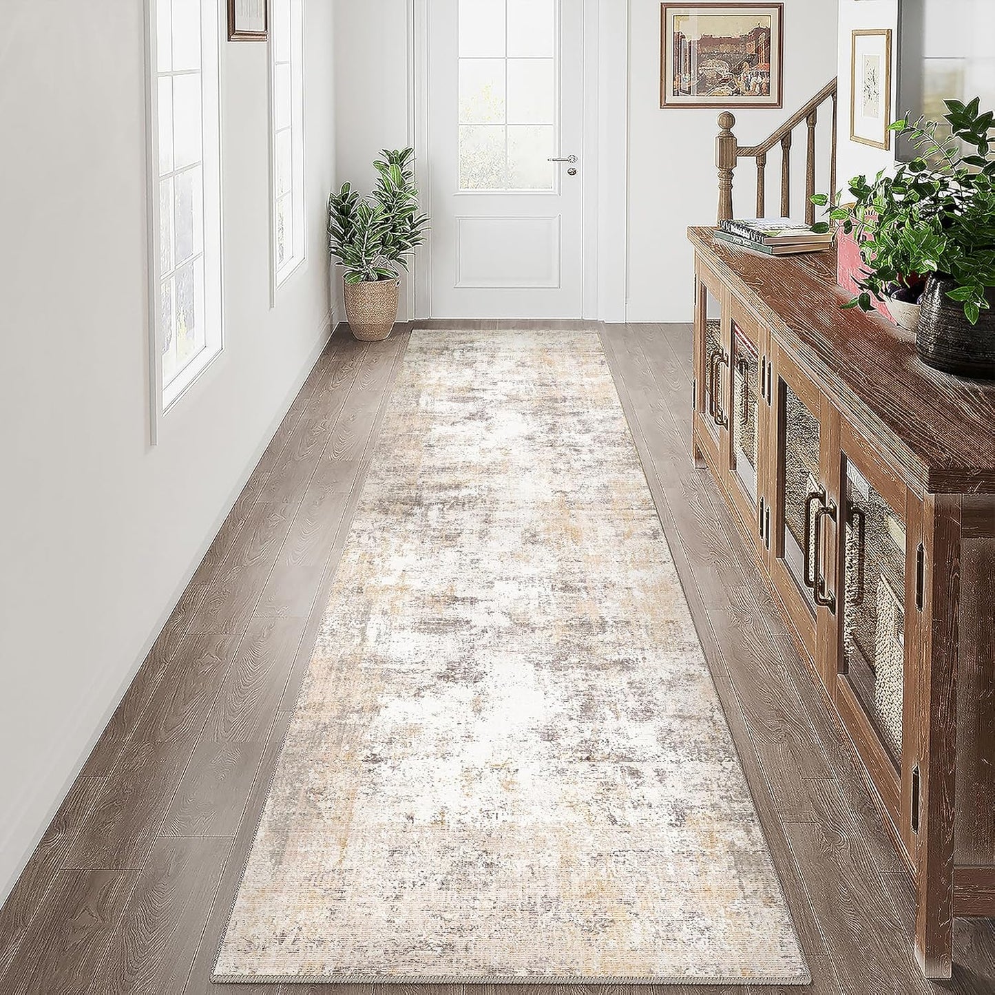 2x7 Washable Runner Rug Beige Grey Neutral Abstract Hallway Kitchen Living Room Bedroom Non Slip Throw Rug Soft Low Pile Indoor Carpet for Entrance Laundry Bathroom