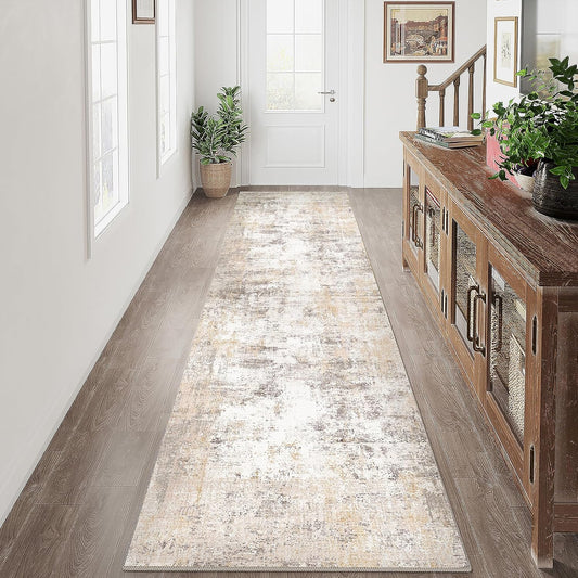 3x7 Washable Runner Rug Beige Grey Neutral Abstract Hallway Kitchen Living Room Bedroom Non Slip Throw Rug Soft Low Pile Indoor Carpet for Entrance Laundry Bathroom