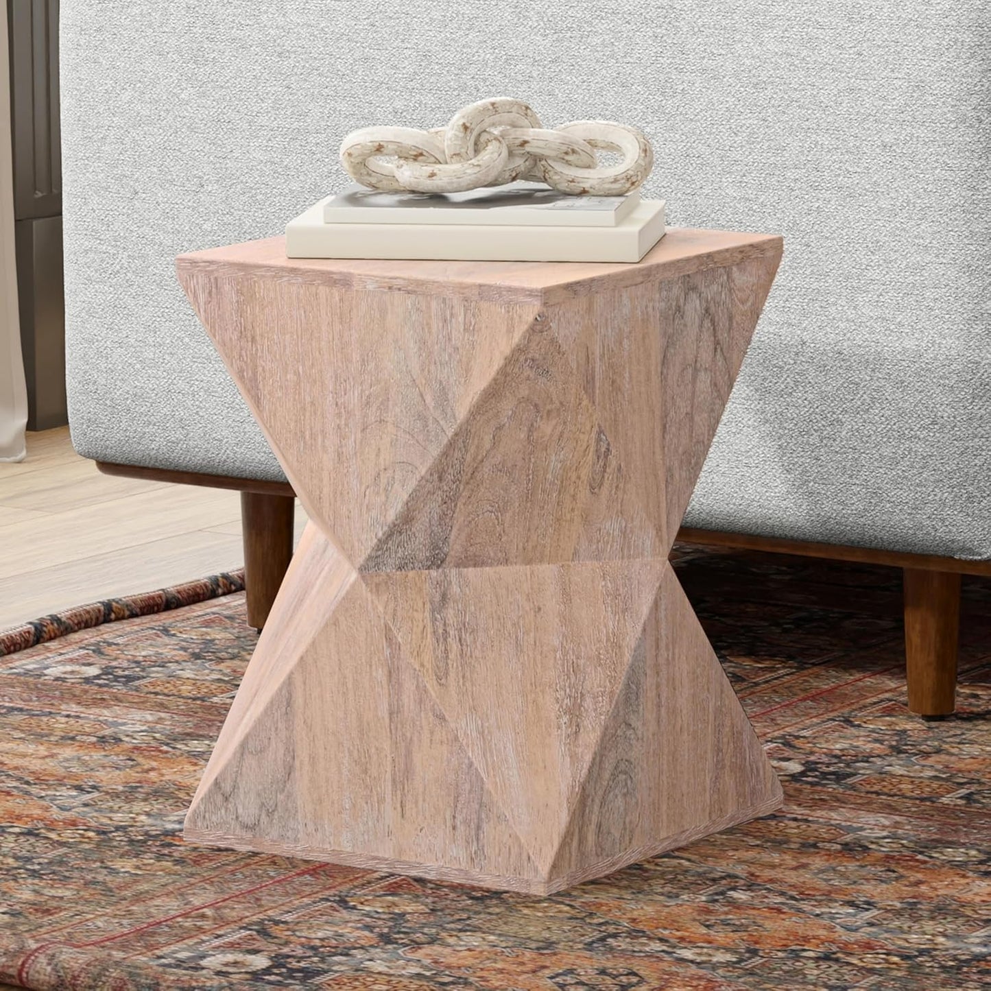 SIMPLIHOME Sutton 14-inch Wide Solid Mango End Table in Cerused Natural with Square Geometric Design for Living Room, Assembled