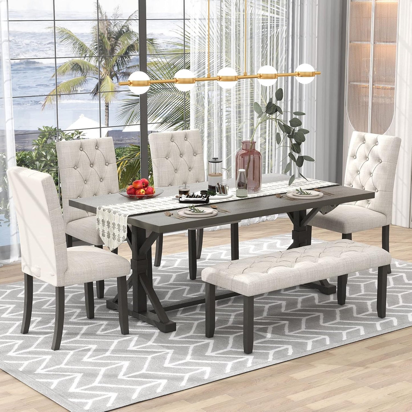 Ball & Cast 6 Piece Dining Table Set with 4 Upholstered Chairs and 1 Bench,Wooden Living Room Furniture for 6 W/ 72" Rectangle Desk,for Small Space,Apartment,Dining Room,Gray