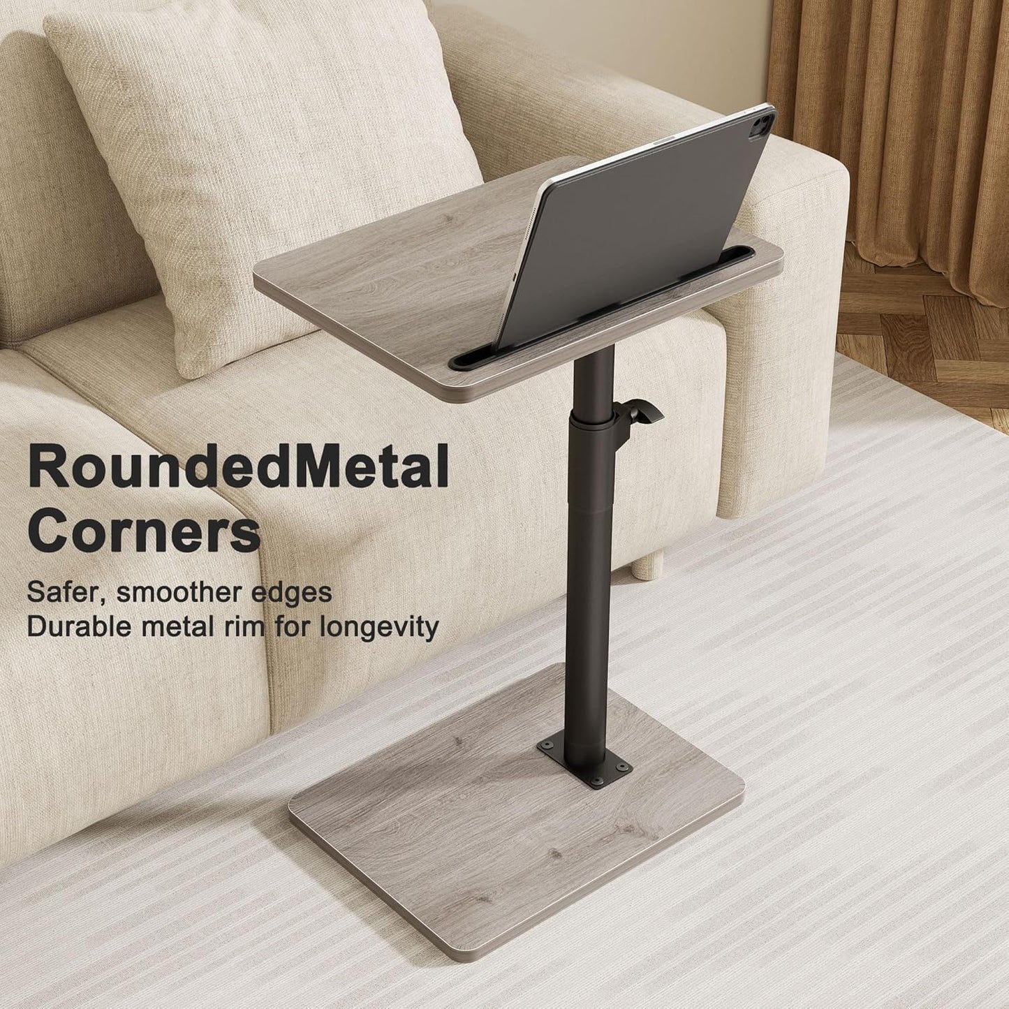 Sofa Armrest Tray Table for Couch - 360° Swivel Height Adjustable End for Small Spaces, Snack Side Table for Bed or Chair with Phone & Tablet Slot (Gray,Standard)