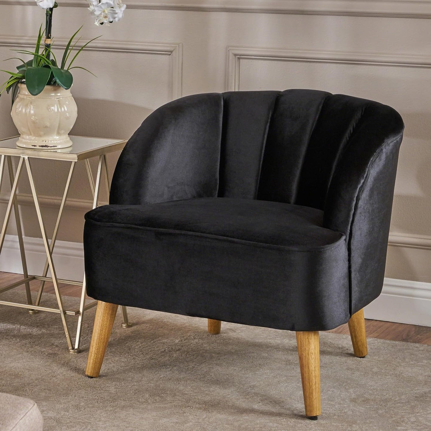 Ball & Cast Velvet Accent Chair,Modern Lounge Living Room Chairs with A Curved Backrest and Iconic Splayed Legs,Seating Furniture for Bedroom,Black