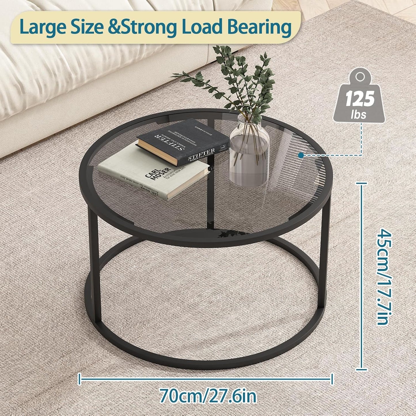 Glass Coffee Table Modern Center Table,Minimalist Round Coffee Tea Table,Tempered Glass-top with Sturdy Metal Frame for Living Room Bedroom Office and Small Space, 27 x 27 x 17 Inch,Gray Black
