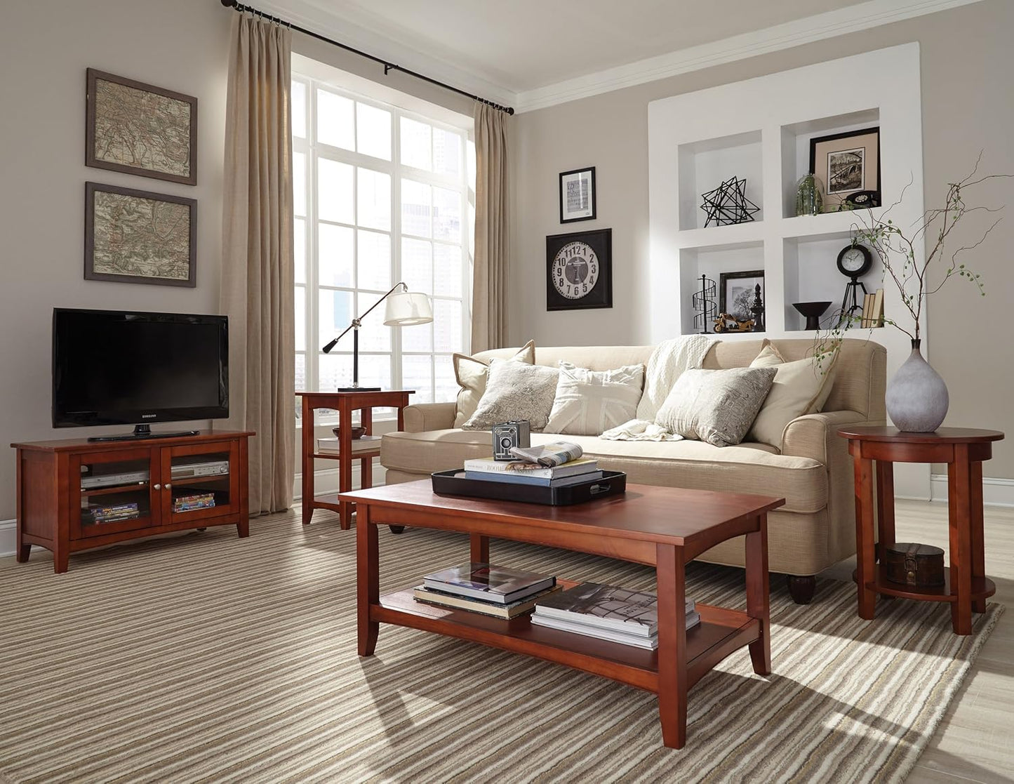 Alaterre Furniture Shaker Cottage 36-Inch TV Stand Cabinet – Glass Door Media Console with Adjustable Shelves, Beadboard Accent, and Storage Organizer for Living Room, Bedroom, or Office (Cherry)