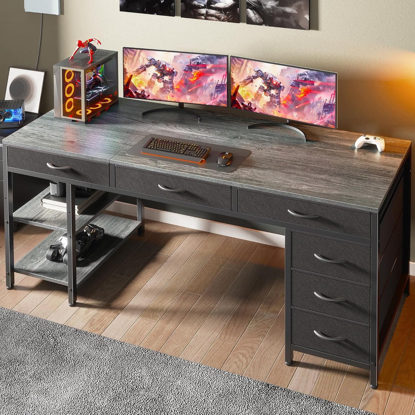 Huuger Computer Desk with 6 Drawers, 63 Inch Office Desk with Shelves, Reversible Gaming Desk, Corner Desk with Storage, for Home Office, Study, Living Room, Grey