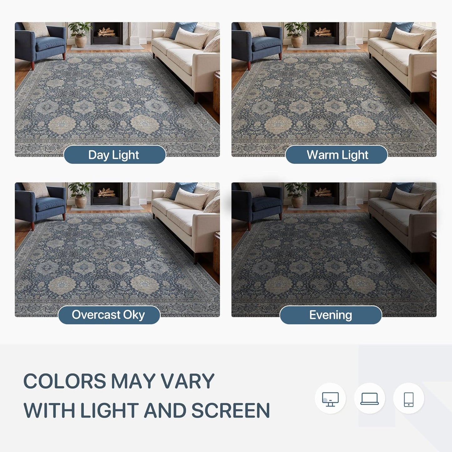 8X10 Area Rugs Machine Washable Rugs for Living Room, Vintage Boho Large Rugs for Bedroom Dining Room, Non Slip Indoor Soft Distressed Lightweight Thin Low Pile Carpet, Slate Blue