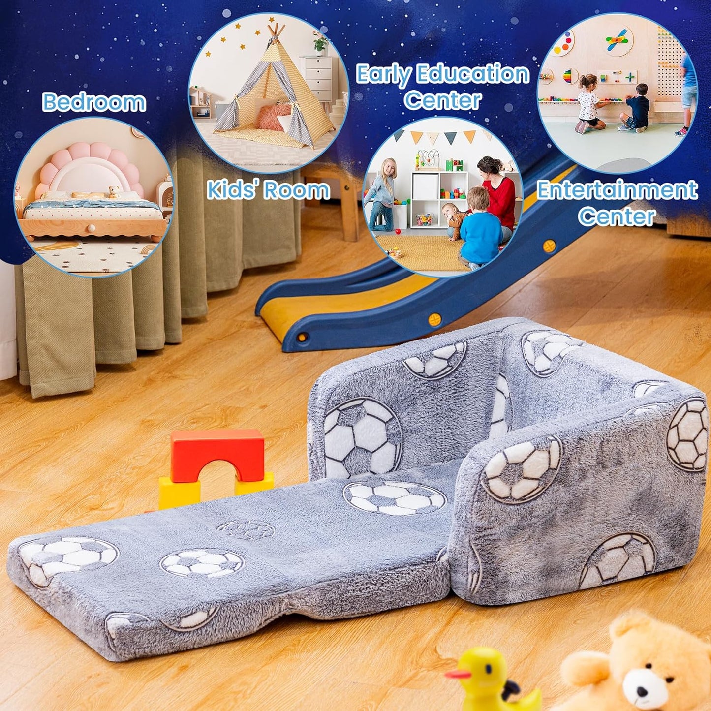 Lamerge 2-in-1 Soft Toddler Couch Fold Out,Foldable Toddler Chair, Glow in The Dark Kids Sofa for playroom,Convertible Foam and Floor Cushion for Boys and Girls (Grey and Football)