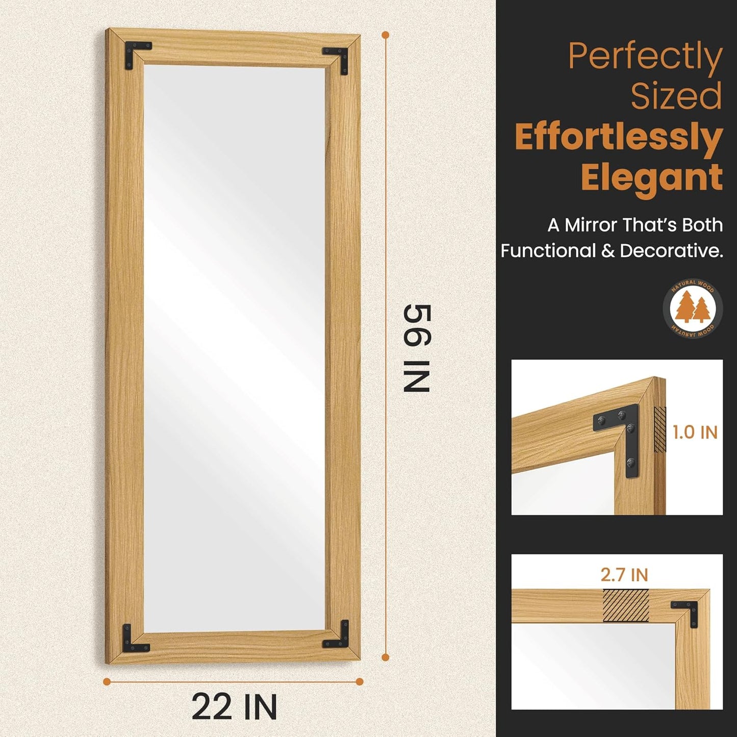 Full Length Mirror with Wooden Frame, 56"X22" Solid Wood Standing Floor Mirror for Farmhouse, Bathroom, Bedroom Decor, Hanging or Leaning Wall-Mounted(Natural)