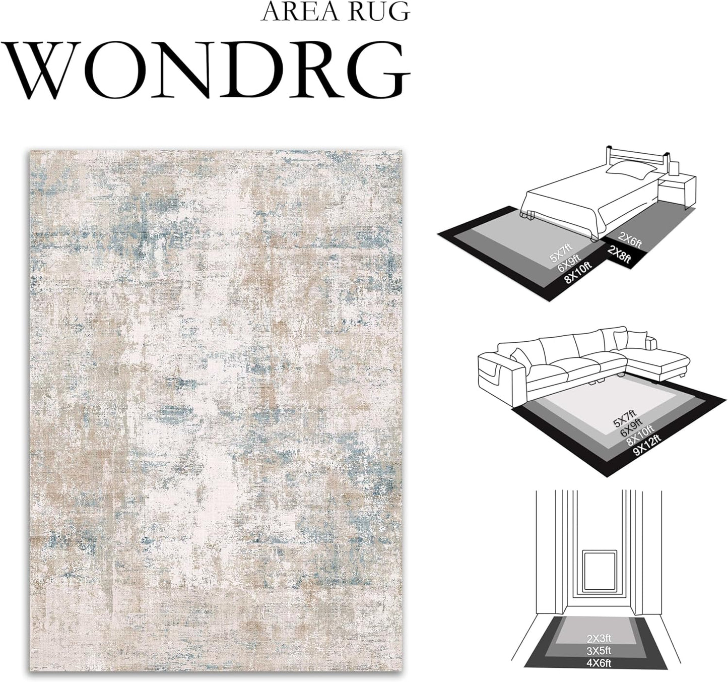 9x12 Washable Area Rug Beige Blue Neutral Abstract Living Room Bedroom Large Throw Rug Non Slip Soft Low Pile Indoor Floor Carpet for Dining Room Kitchen Office Entryway