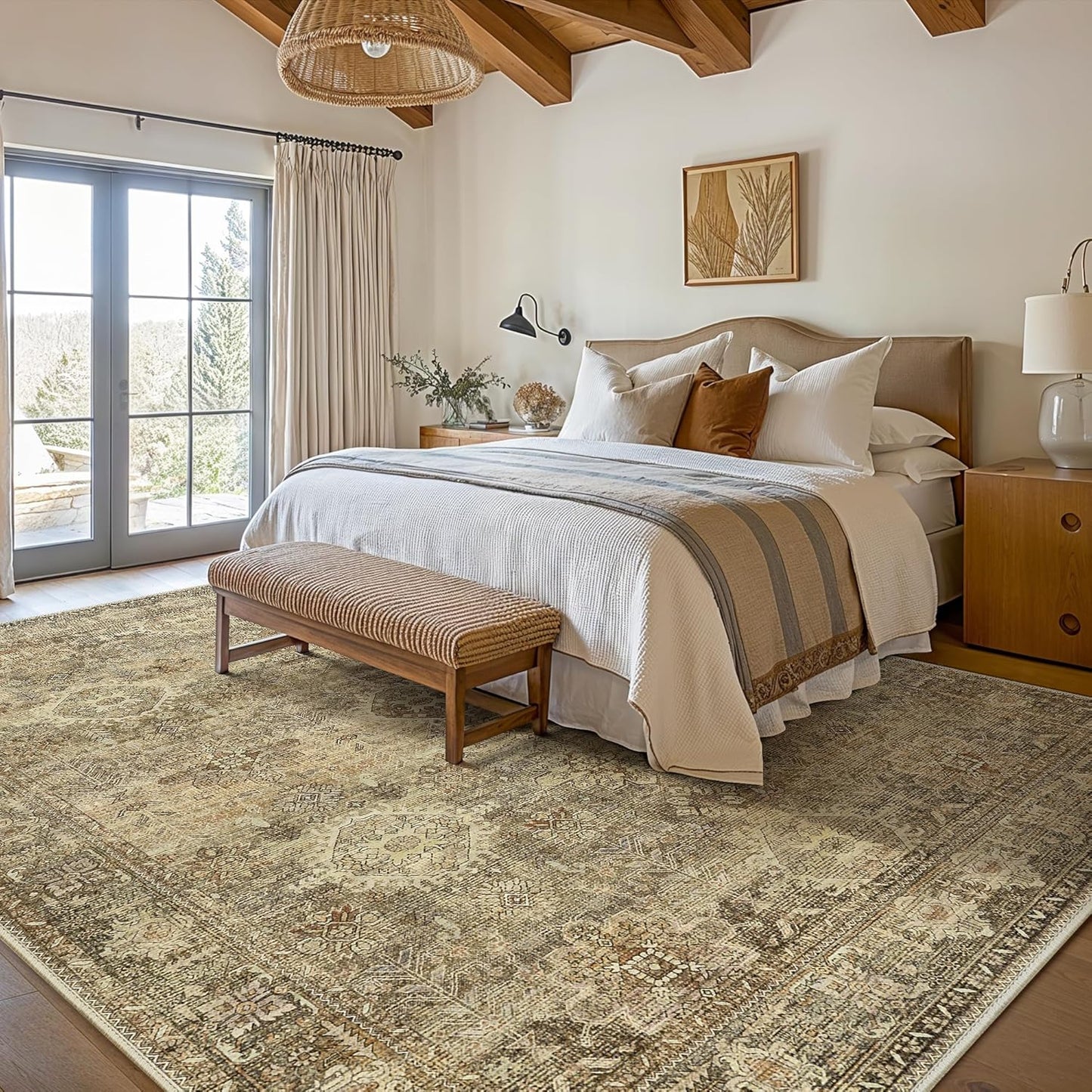 GENIMO 8X10 Area Rugs for Living Room, Machine Washable Non Slip Vintage Floral Patchwork Rug, Thin Low Pile Chenille Carpet Rugs for Bedroom, Dining Room, Straw