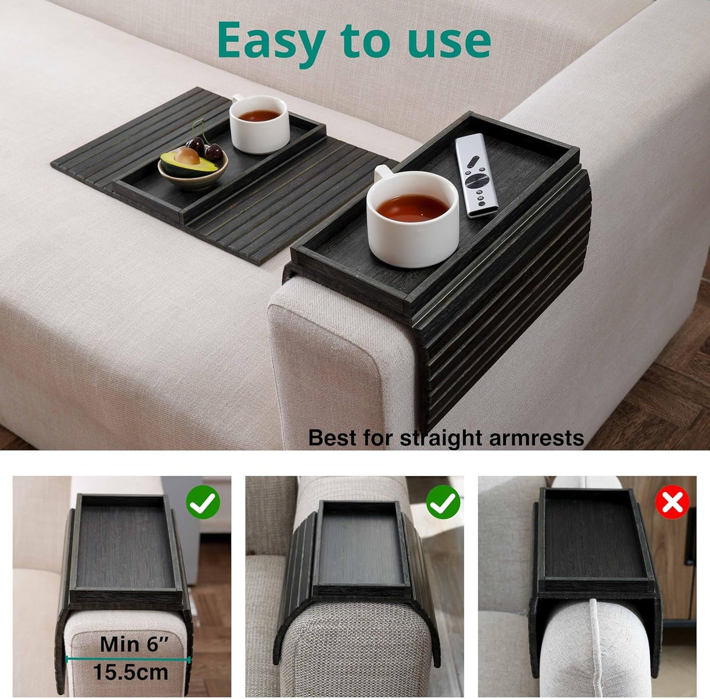 DETOR Couch Arm Tray, TV Tray with Capacious 12.4" x 5.4" Storage Box, Bamboo Grain Stained Black Color, Enhanced Nonslip Felt Bottom, Sturdy Bamboo Slats Material | for Armrests 6" and Wider