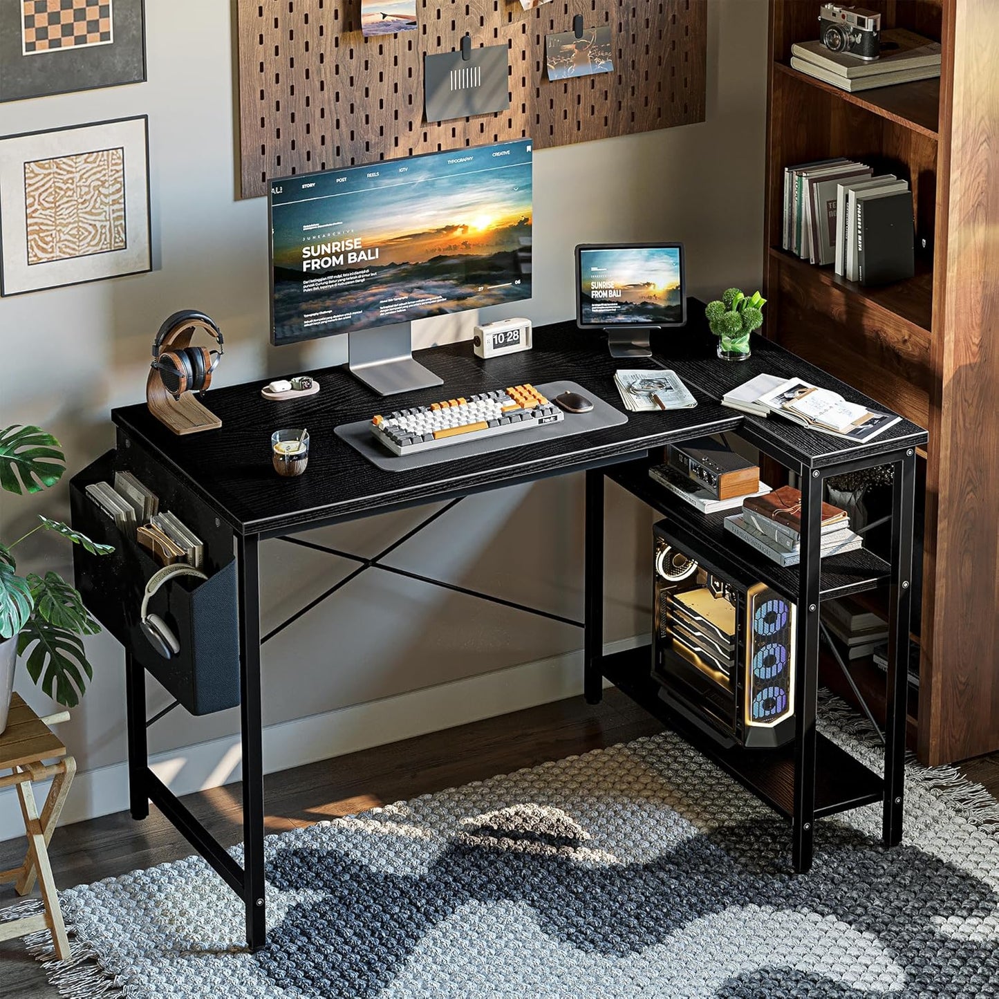 L Shaped Computer Desk with Reversible Shelves, 47 Inch Small Corner Desk with Storage Bag, Gaming Desk Computer Table Study Writing Table for Home Office Bedroom Small Space, Black