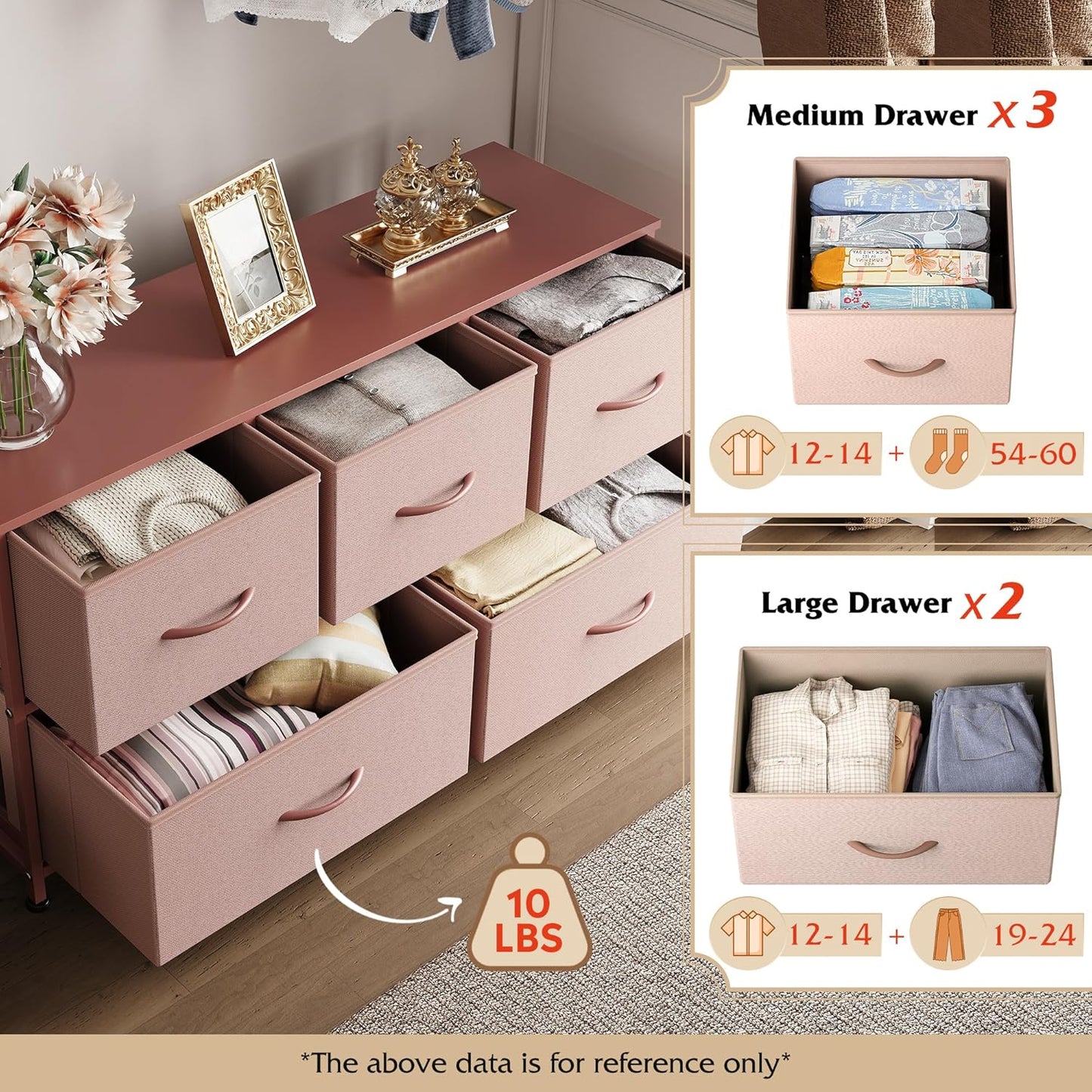 WLIVE Dresser for Bedroom with 5 Drawers, Wide Chest of Drawers, Fabric Dresser, Storage Organization Unit with Fabric Bins for Closet, Living Room, Hallway, Pink and Rose Gold
