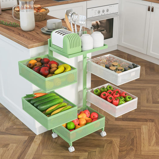 Rotating Kitchen Storage Rack No Assembly, Fruit Basket,Bathroom Storage Cart,Kitchen Organizers and Storage Cart on Rolling Wheels(Green White, 5 Tier-Square)
