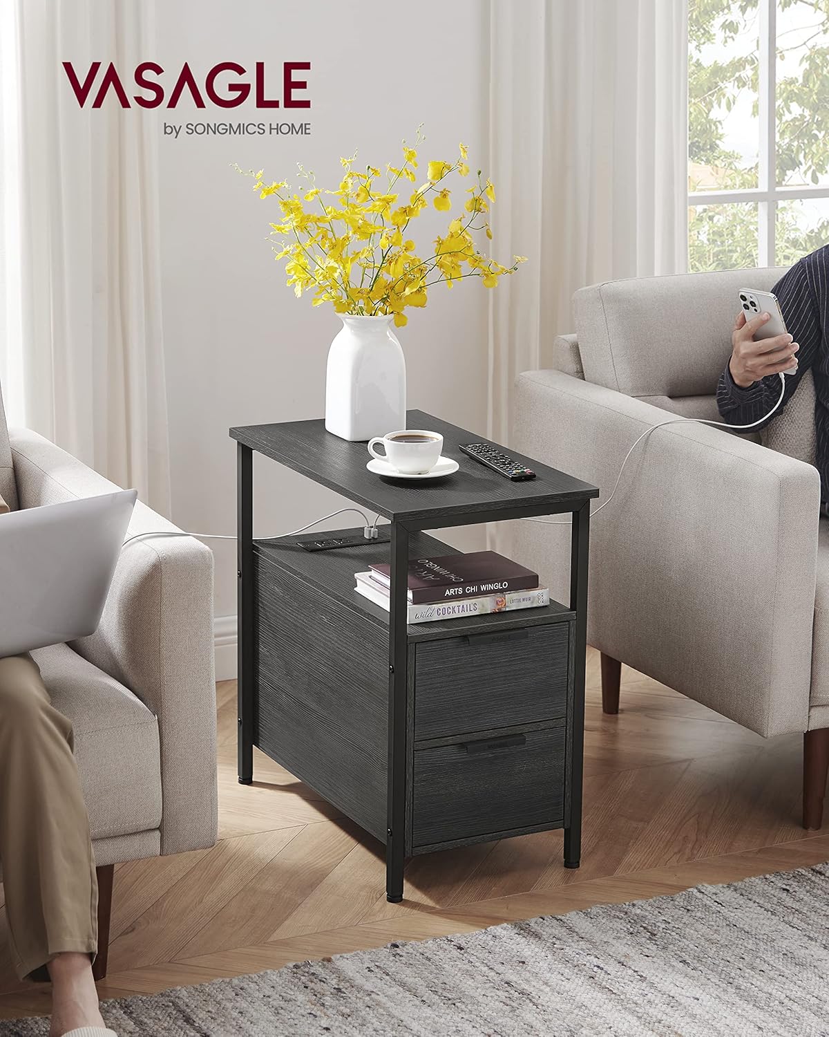 VASAGLE Side Table with Charging Station, Narrow End Table with 2 Drawers, Slim Nightstand and Bedside Table with Storage, for Small Spaces, Black ULET321B22