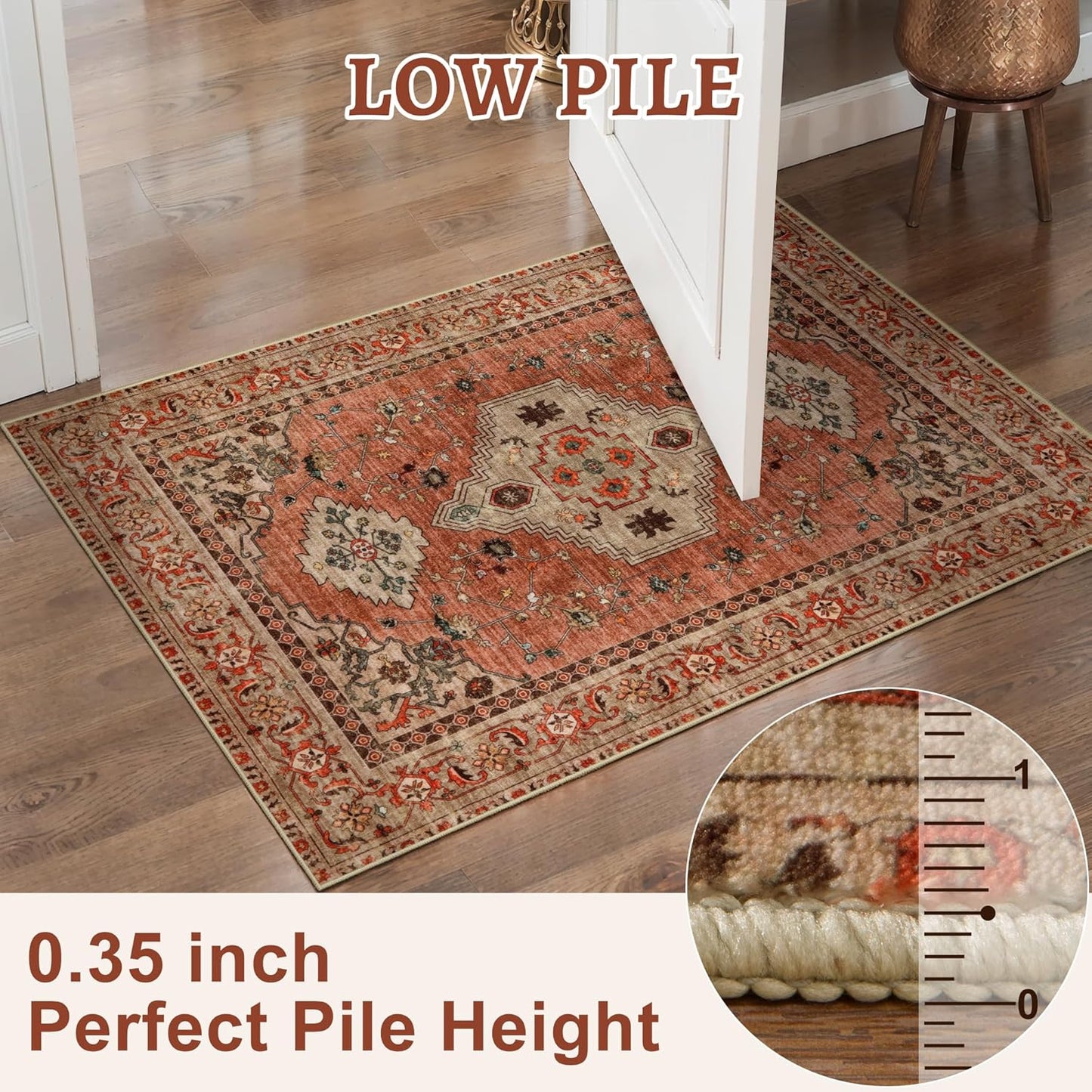 Boho Rug 4x6 Area Rug, Washable Vintage Indoor, Oriental Non Slip Distressed Terracotta Carpet, Machine Washable Rug, Soft Low Pile Rugs Foldable Floor for Dining Room Bedroom Living Room